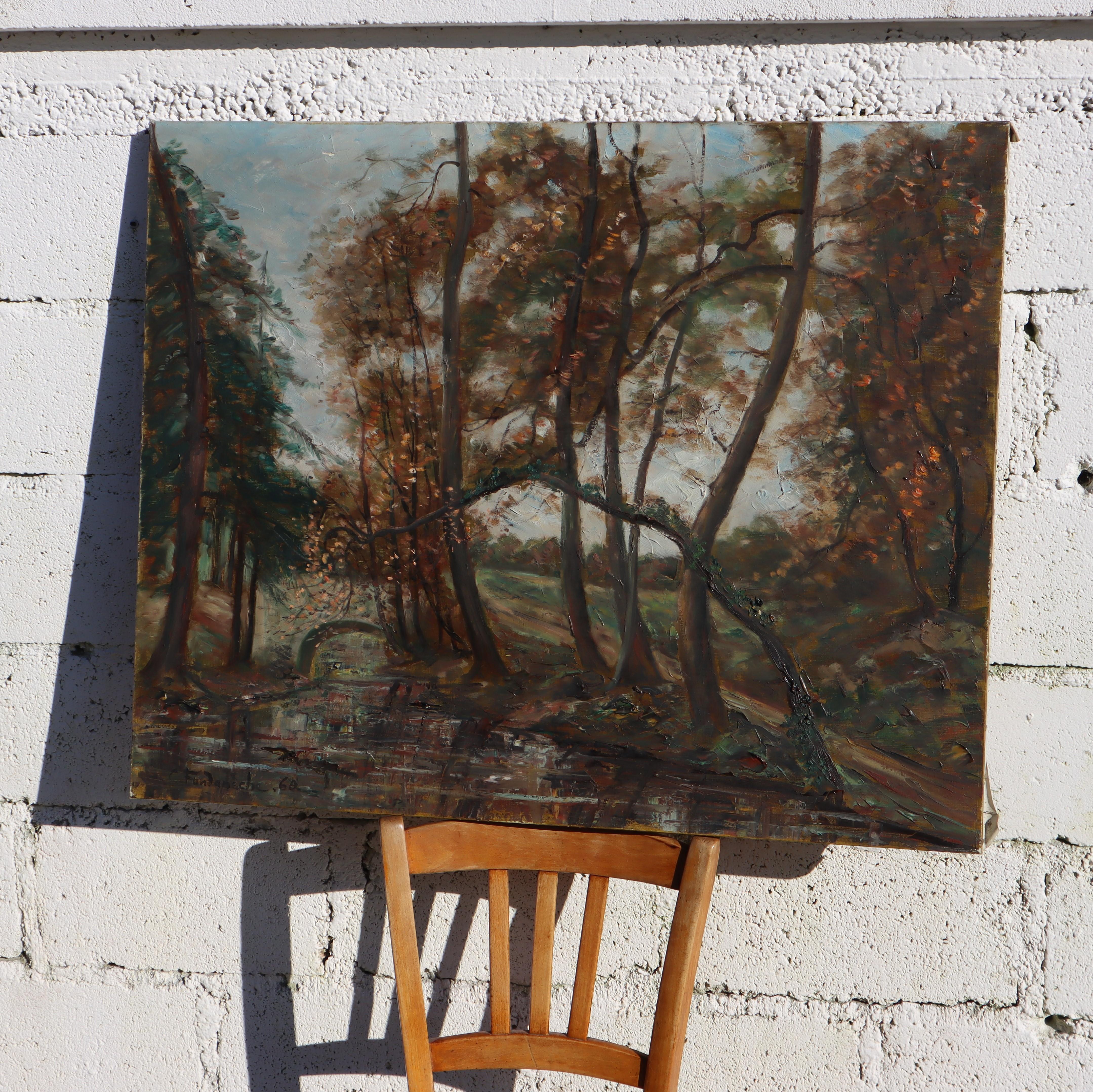 Painted French signet Oil Painting-Artist C. Fondanéche-Autumn Landscape Scene-60s For Sale