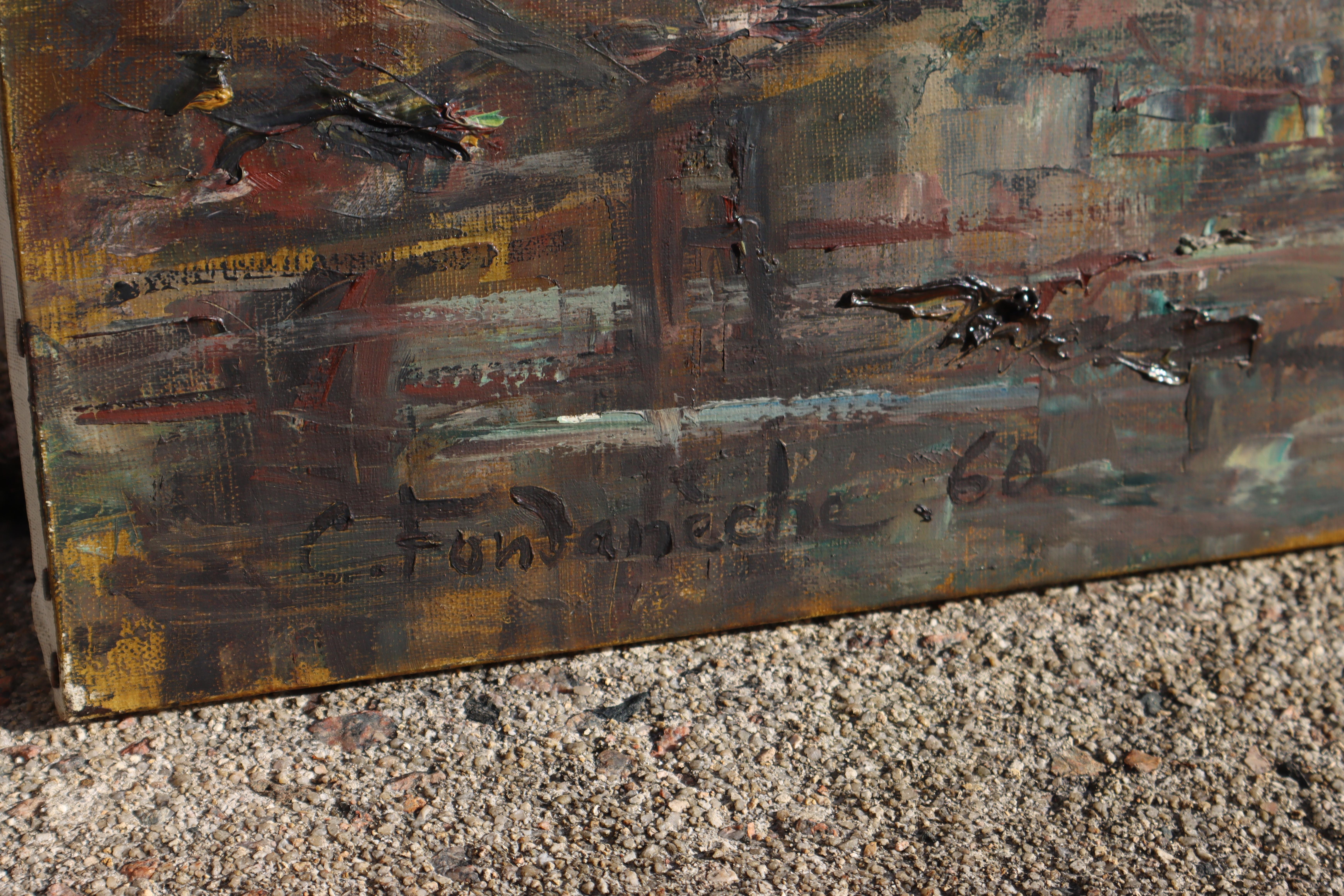 Canvas French signet Oil Painting-Artist C. Fondanéche-Autumn Landscape Scene-60s For Sale