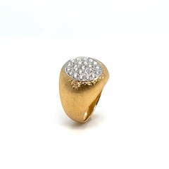 French Signet Ring Brushed Lightly Chiseled Flowers Diamonds Pavement
