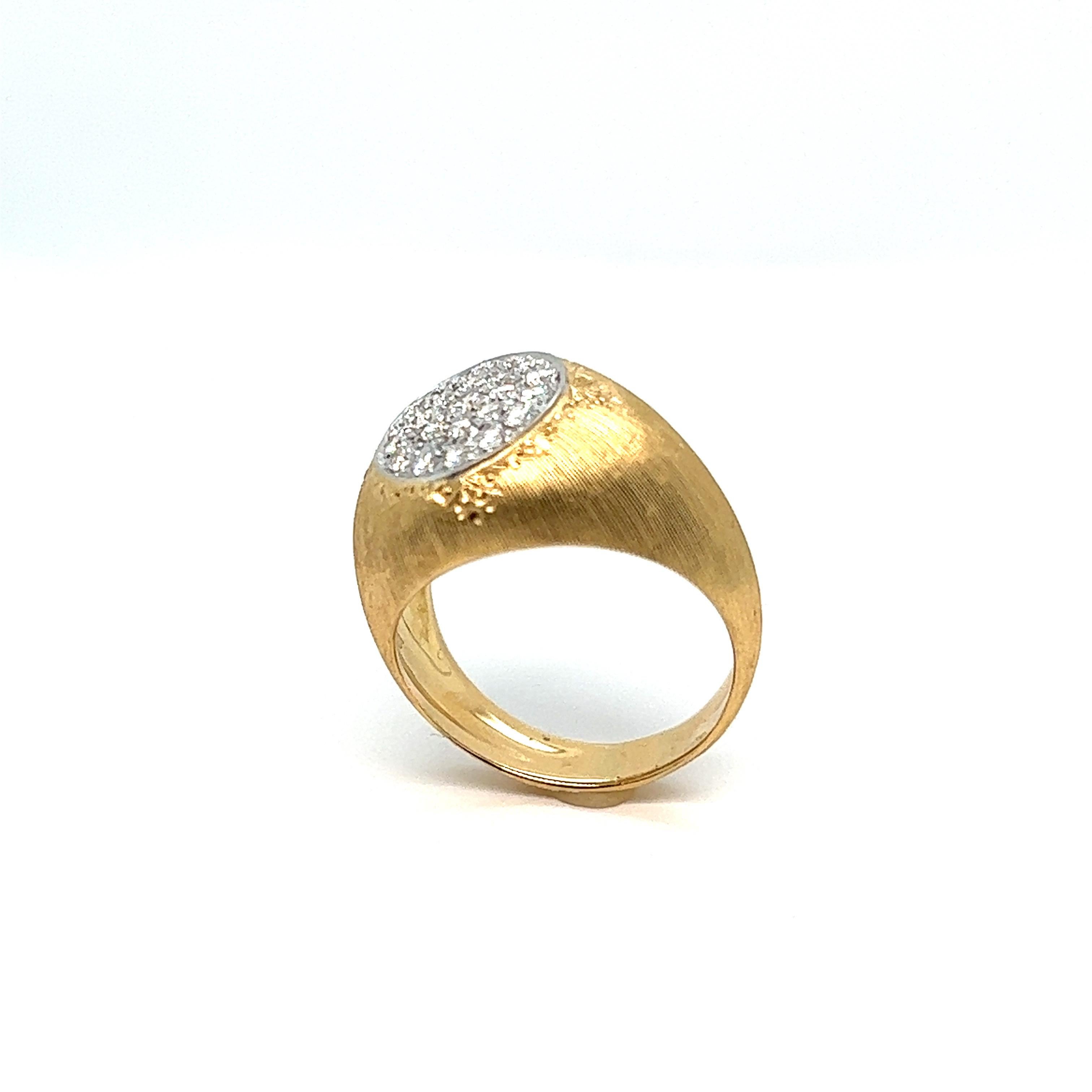 Brilliant Cut French Signet Ring Brushed Lightly Chiseled Flowers Diamonds Pavement  For Sale