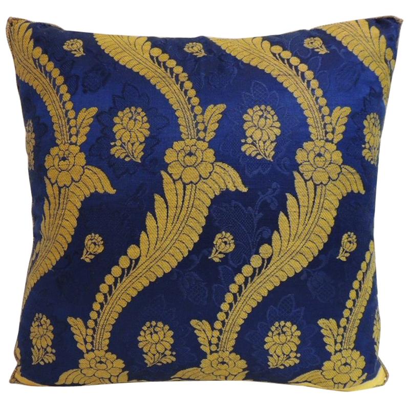 French Silk Brocade Royal Blue and Gold Embroidered Decorative Pillow