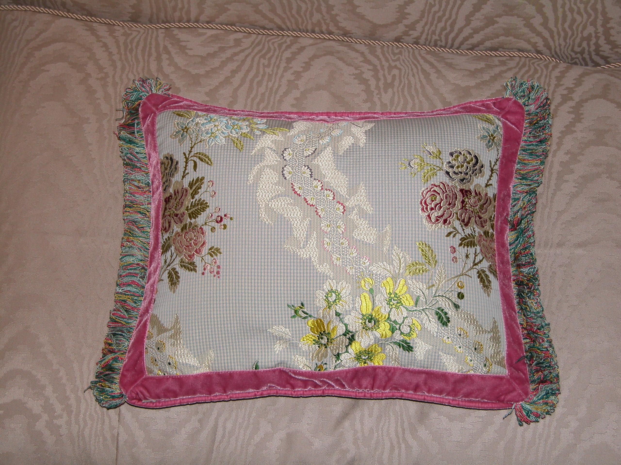 Louis XV French Silk Brocade Throw Pillow with Loop Fringe & Velvet Ribbon Trimming