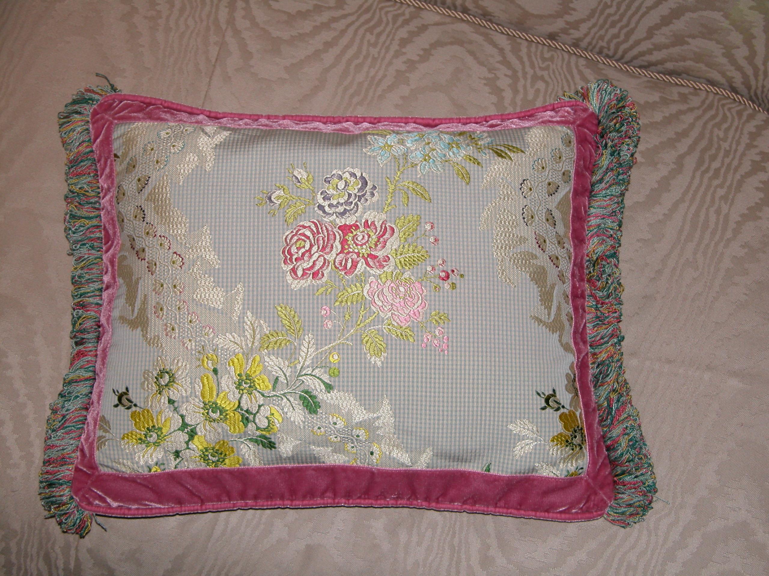 Woven French Silk Brocade Throw Pillow with Loop Fringe & Velvet Ribbon Trimming