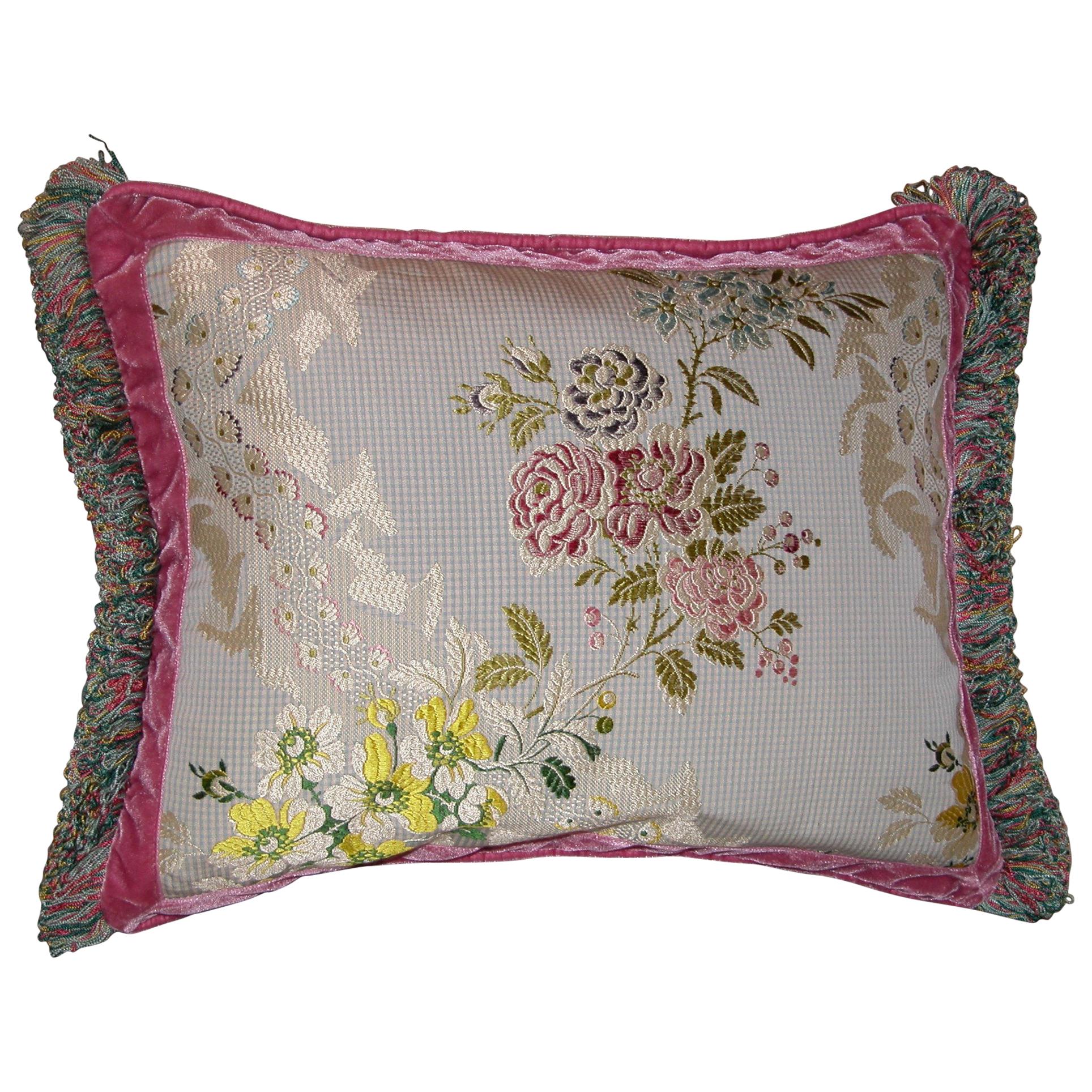French Silk Brocade Throw Pillow with Loop Fringe & Velvet Ribbon Trimming