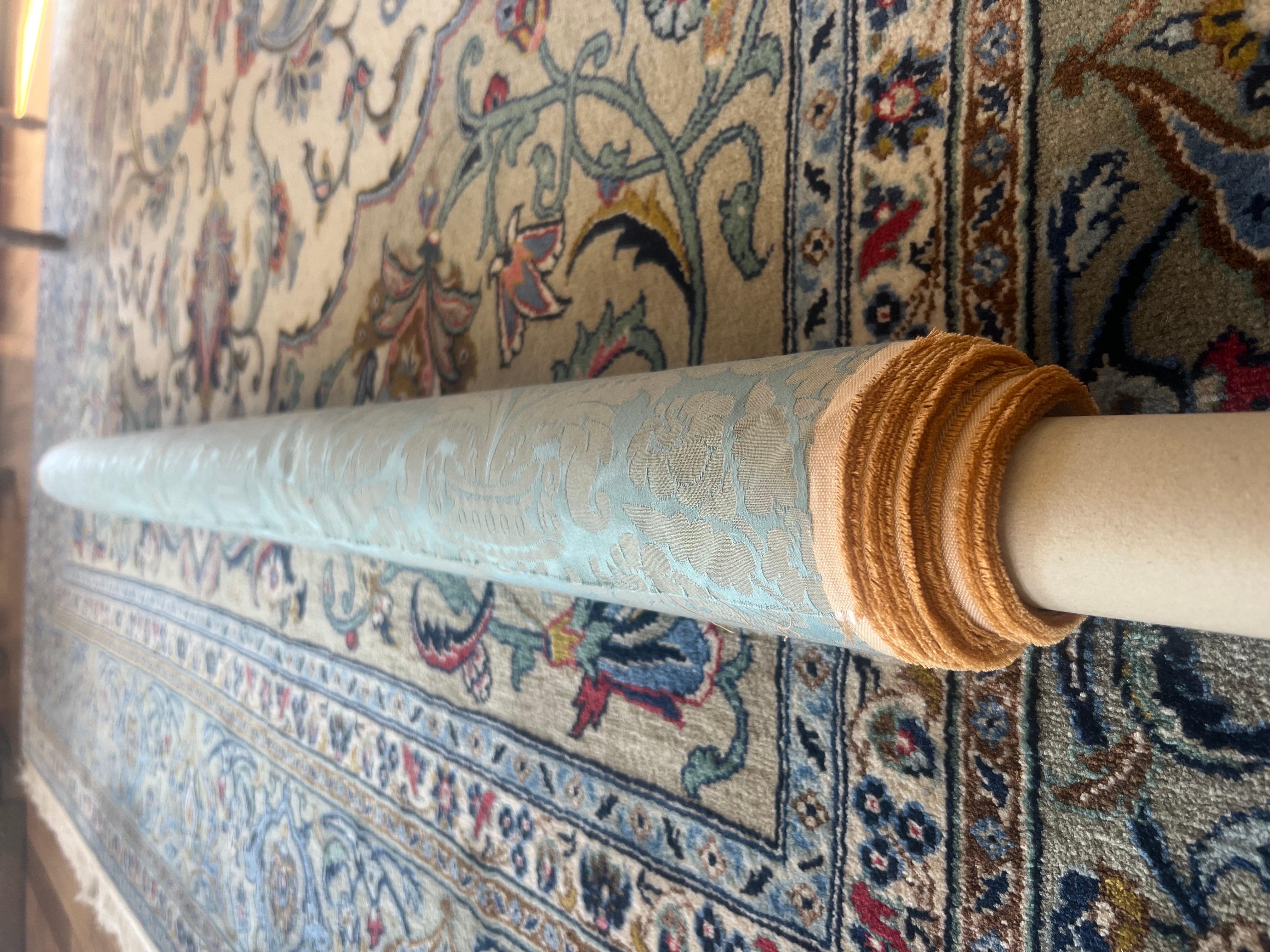 Two large pieces of Lelievre fine silk with matt golden floral pattern on nice light blue base suitable for curtains or upholstery. Very delicate figures and great quality. Brand new in great condition. Each piece is 320 per 140 cm. and 640 cm in