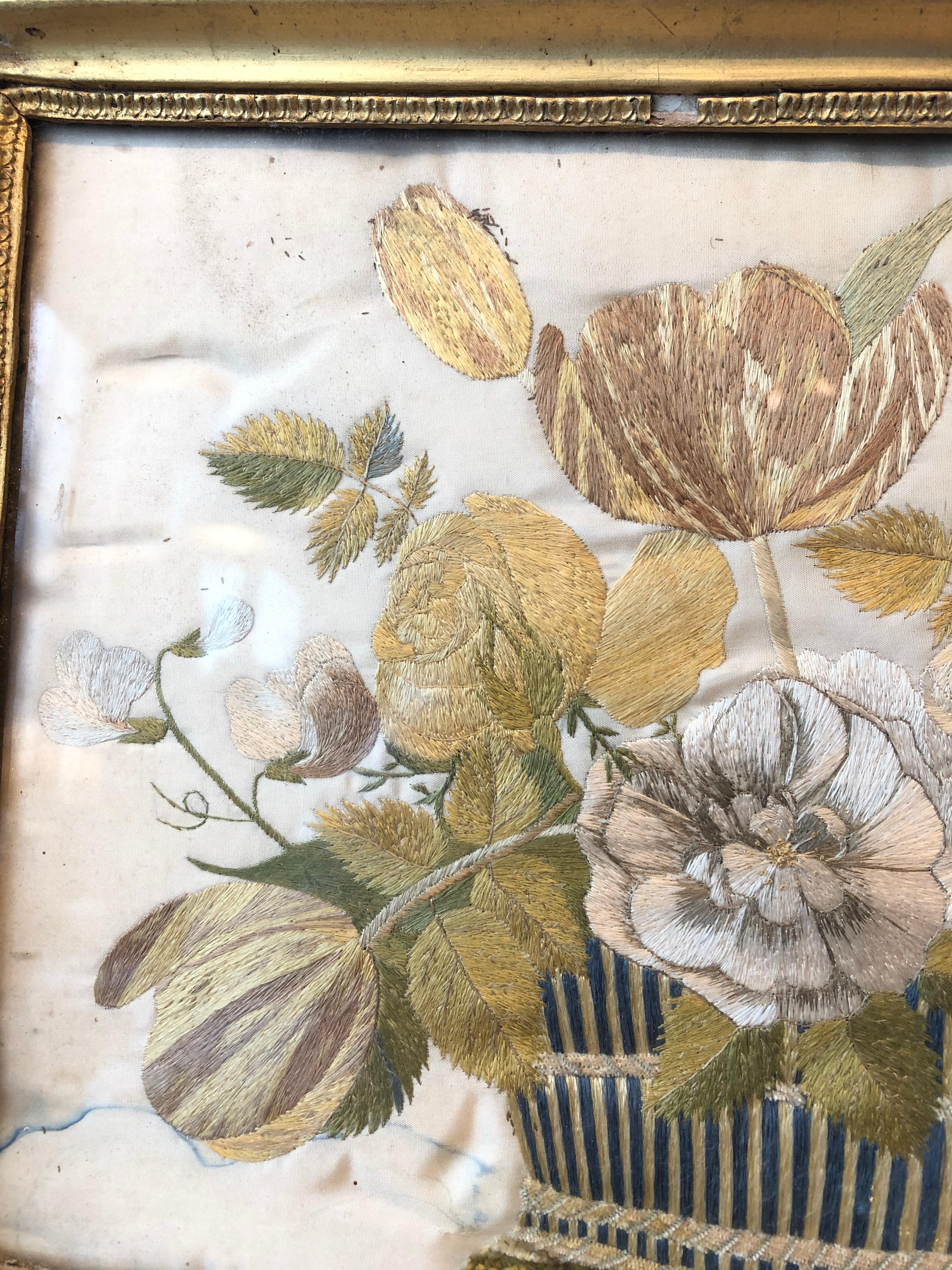 18th Century French Silk Needlepoint of Flowers in Basket For Sale