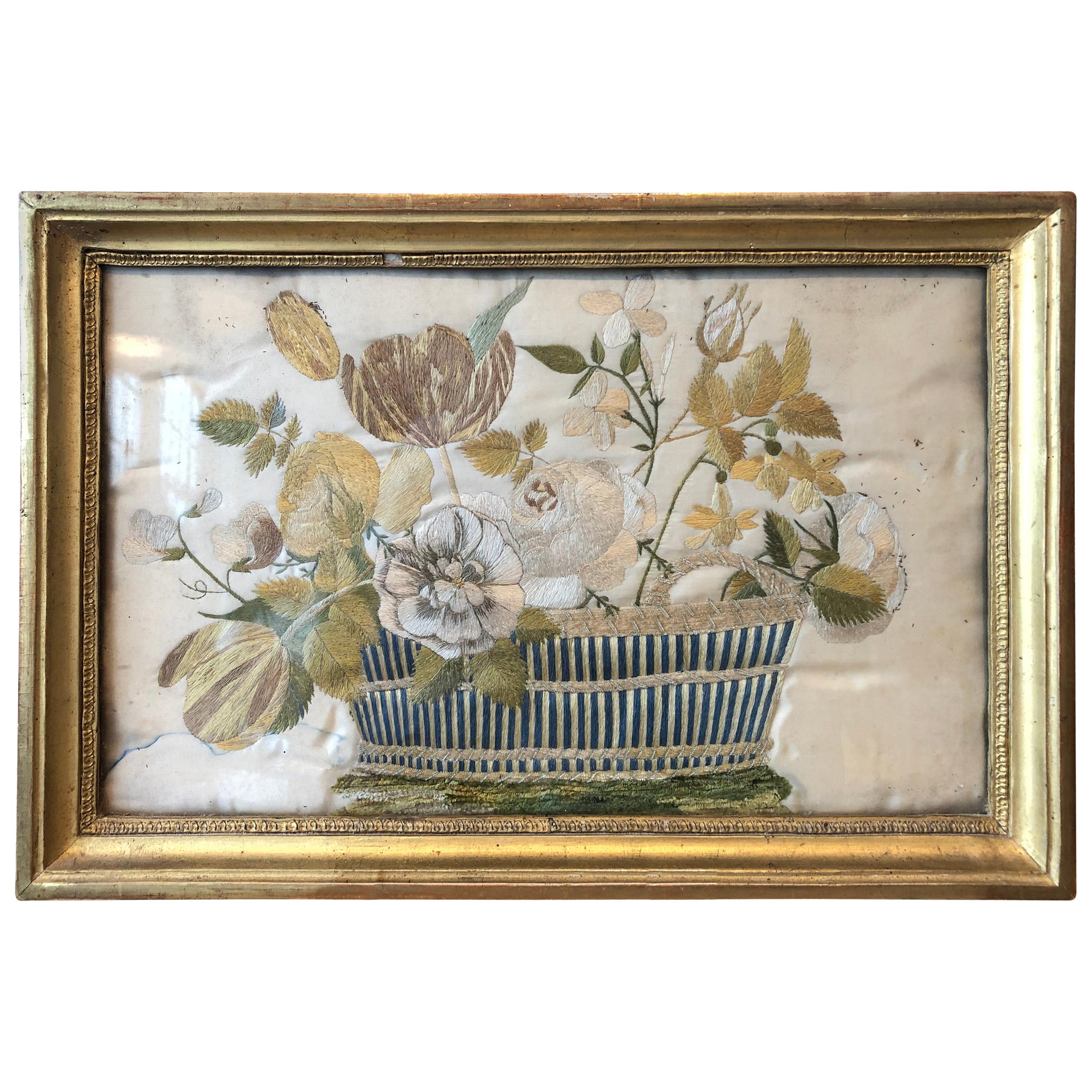 French Silk Needlepoint of Flowers in Basket For Sale