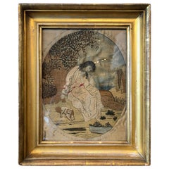 French Silk Needlepoint of Girl and Dog