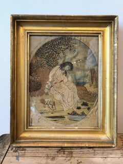 French Silk Needlepoint of Girl and Dog