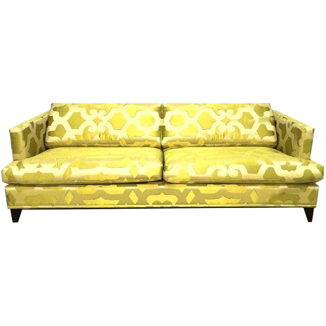 French Chartreuse Silk Quatrefoil Custom 3-Seat Sofa Kravet Couture.   Art Deco inspired sofa in a dual toned quatrefoil lush chartreuse French silk. Truly stunning. Photos cannot capture the way this piece interacts with the light. Richness of