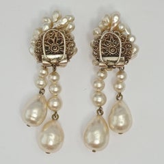 French Silver Plated and Faux Pearl Cluster Clip On Baroque Pearl Drop Earrings