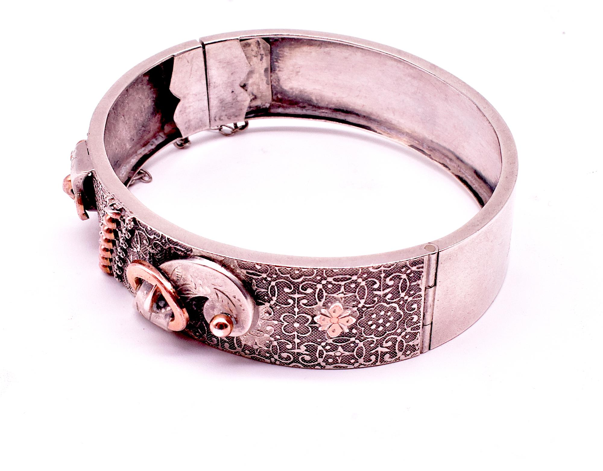 French Silver and Gold Vermeil Buckle Bangle For Sale 1