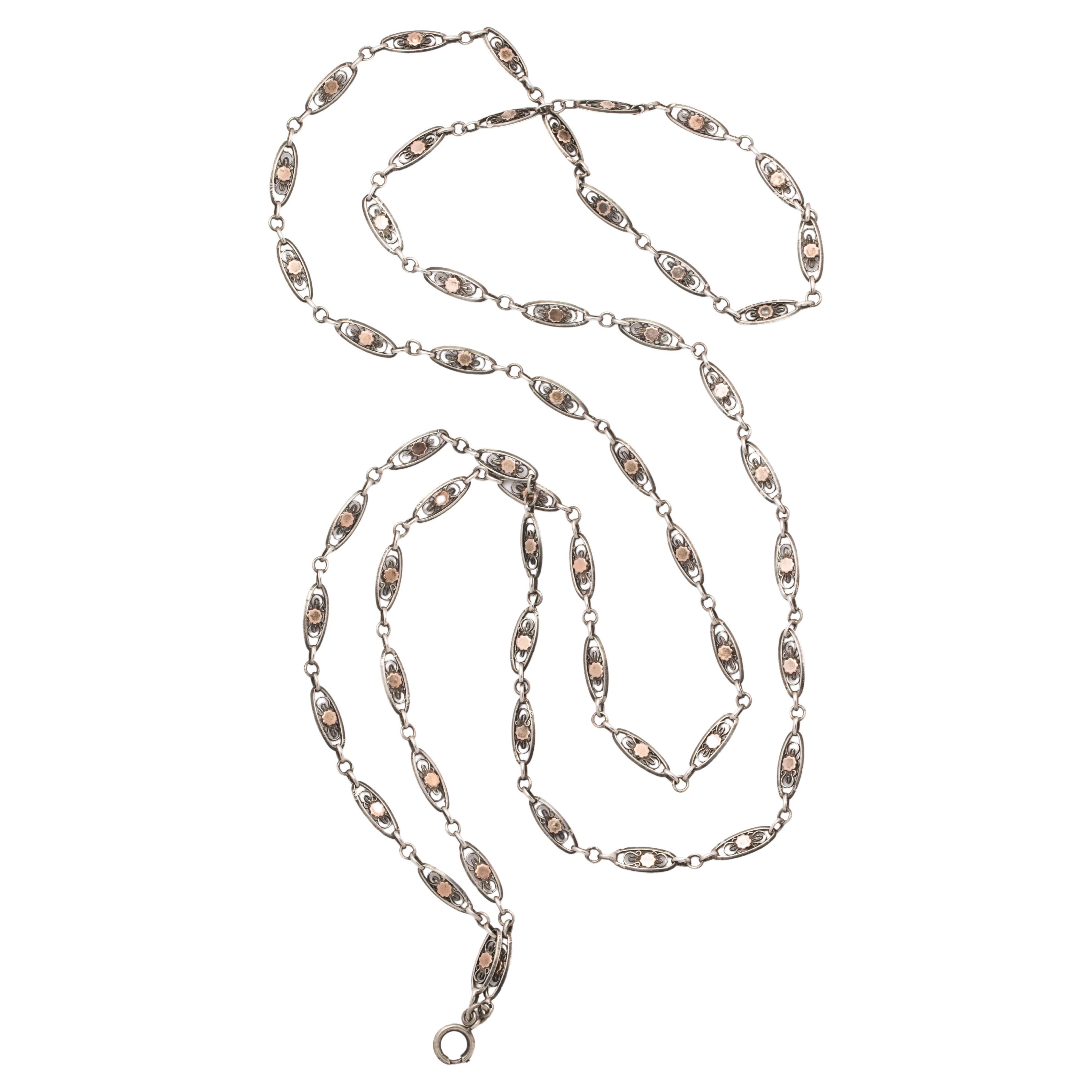 Catena lunga francese in argento e oro c.1870 in vendita