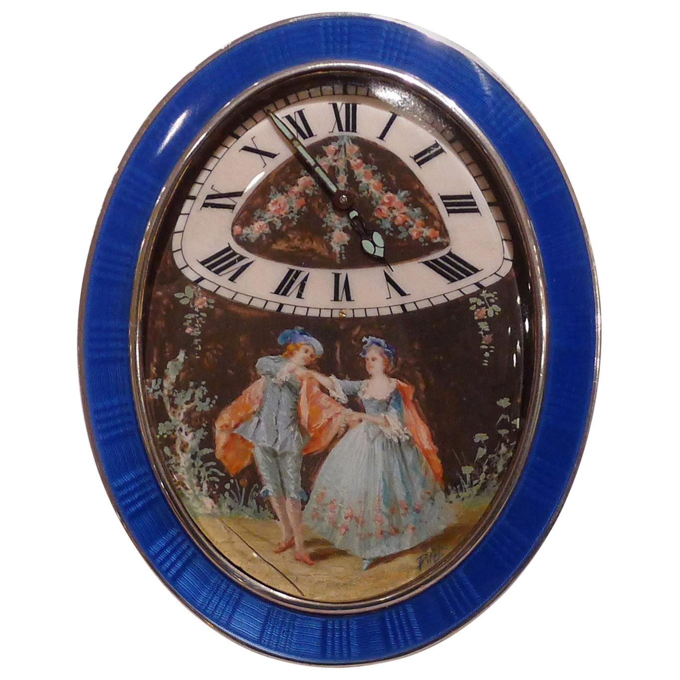 French Silver and Guilloche Enamel Timepiece with Hand Painted Picture For Sale