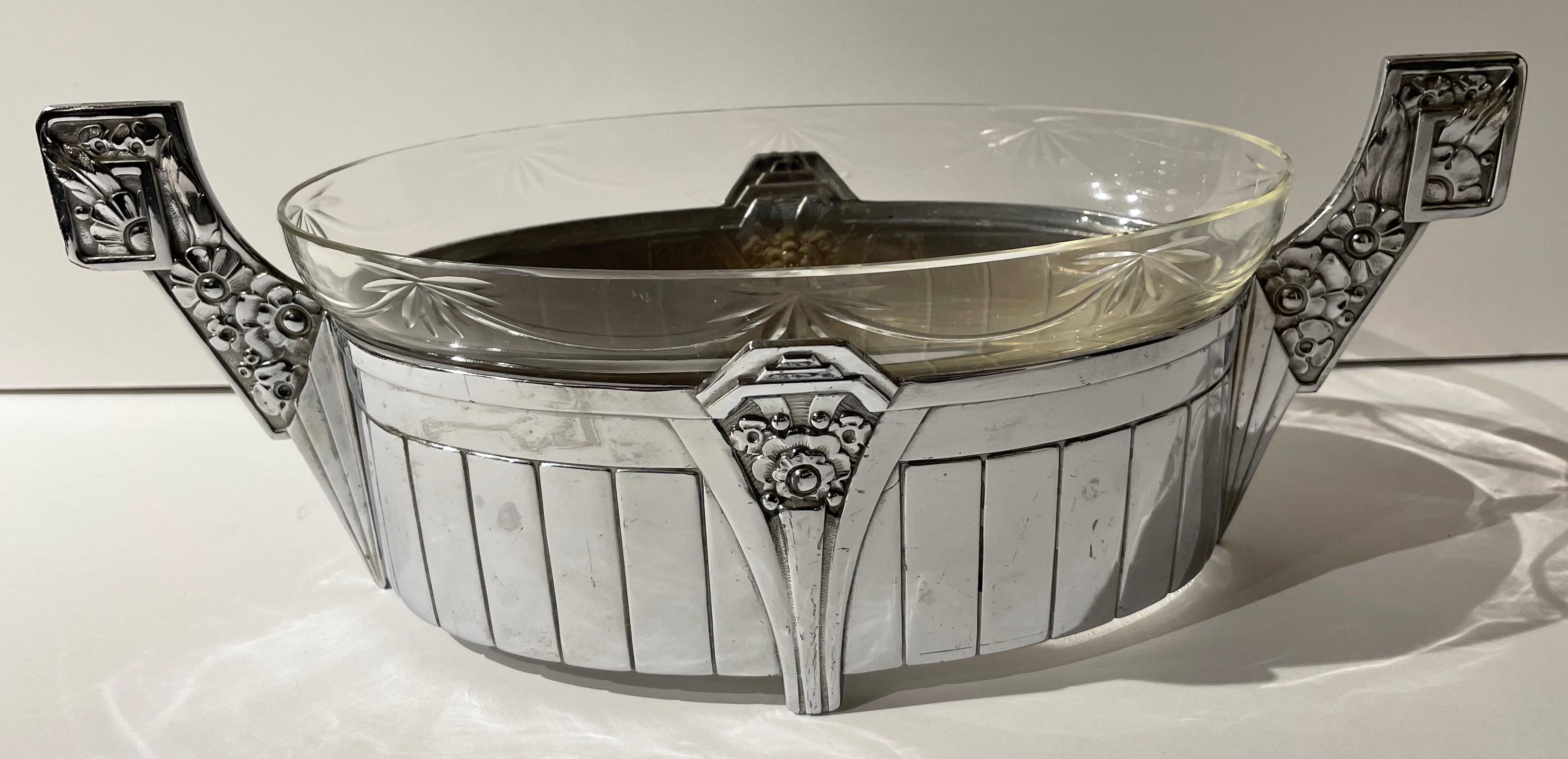 Silver Plate French Silver Art Deco Centerpiece and Mirrored Tray For Sale