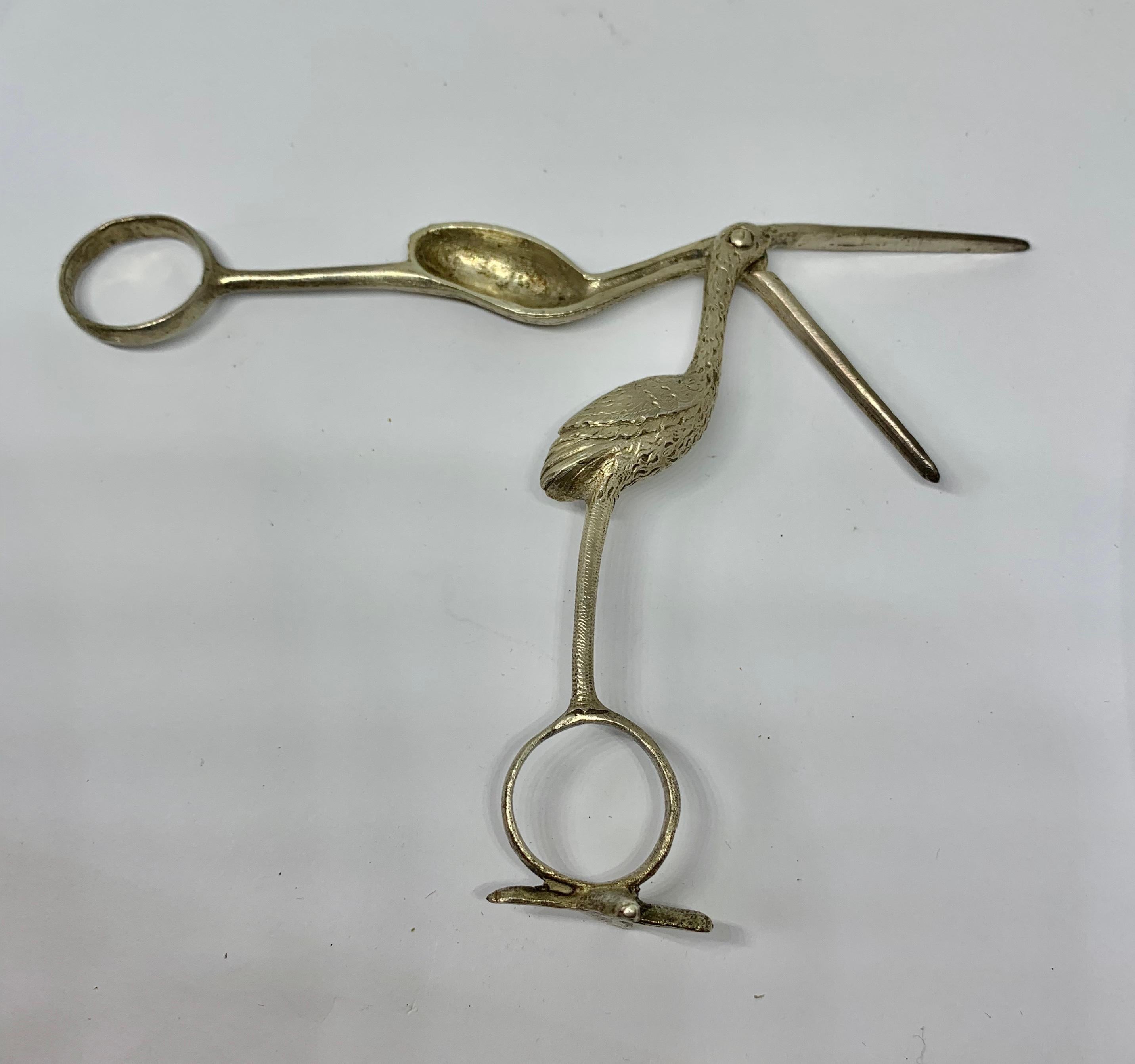 French Silver Birth Stork Scissors Swaddled Baby 19th Century Birth Announcement In Excellent Condition For Sale In New York, NY