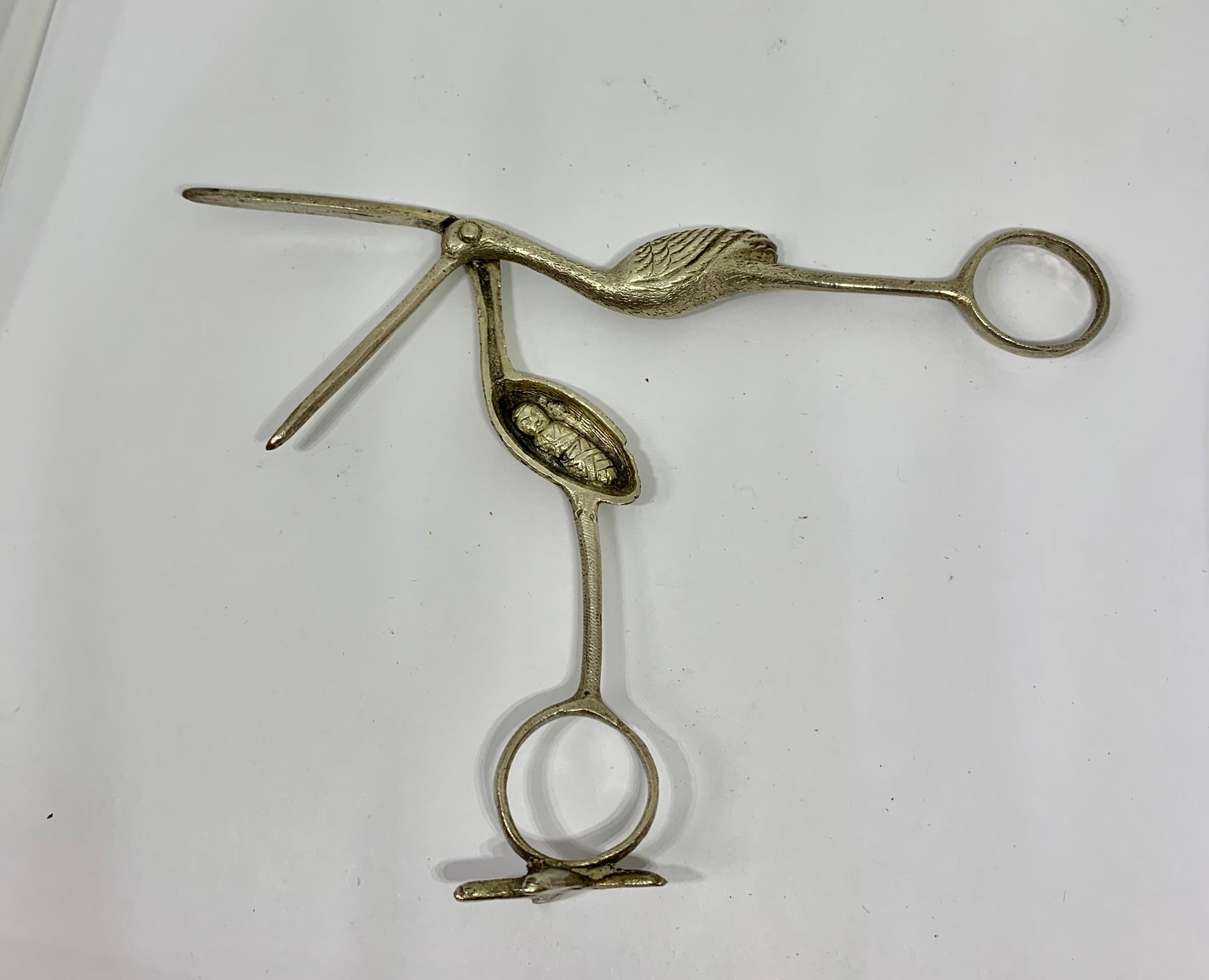 Women's or Men's French Silver Birth Stork Scissors Swaddled Baby 19th Century Birth Announcement For Sale