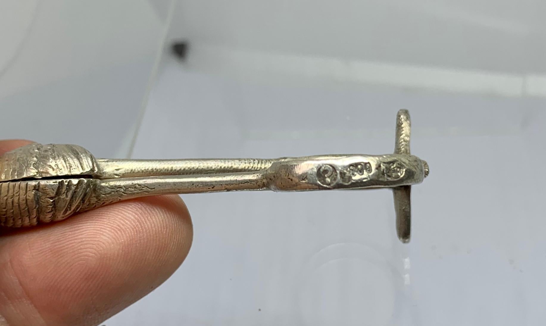 French Silver Birth Stork Scissors Swaddled Baby 19th Century Birth Announcement 1