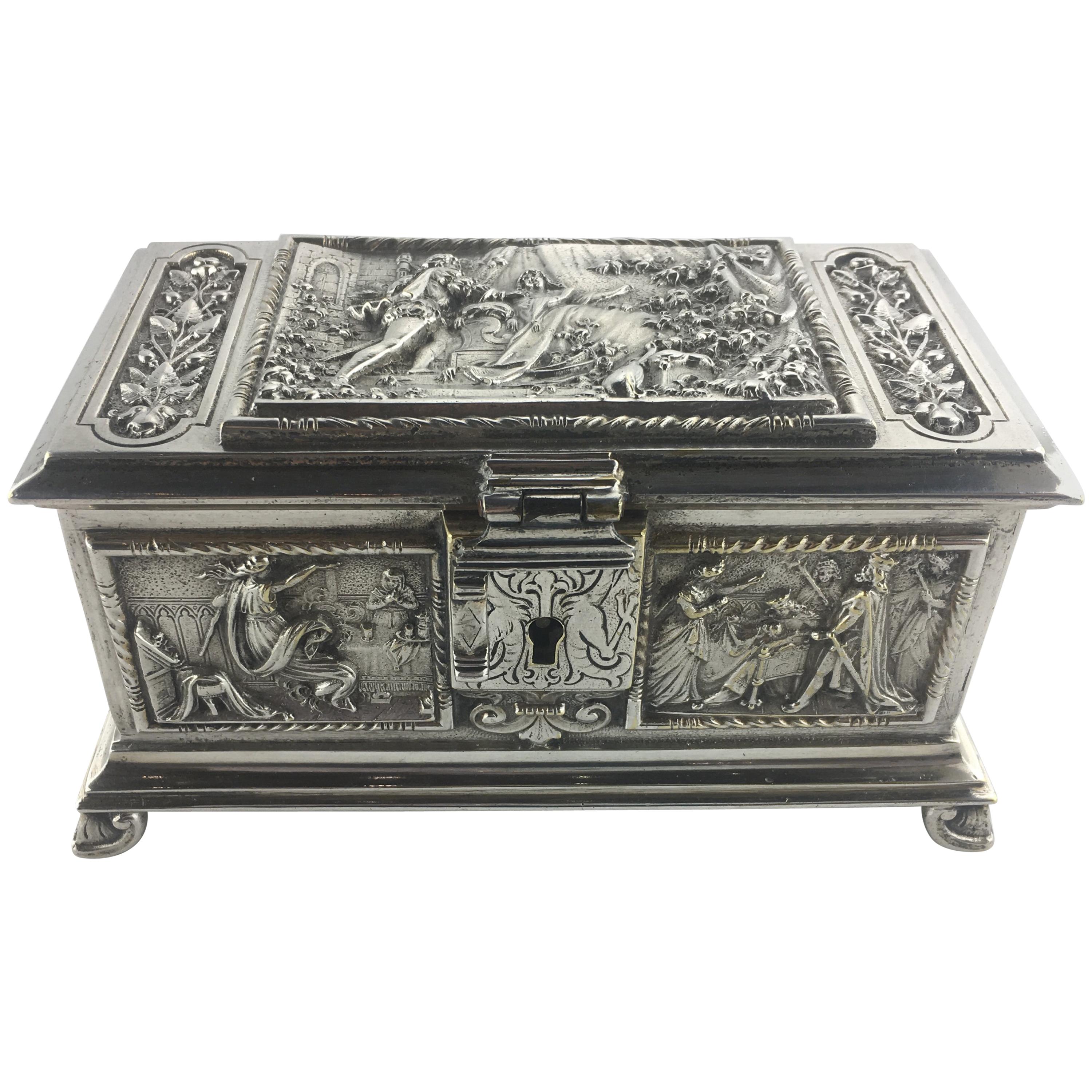 French Medieval Style Sterling Silver Jewelry Box, circa 1880