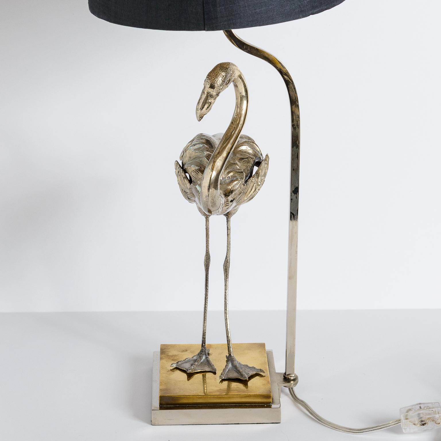 French Silver & Brass Flamingo Table Lamp by Maison Charles, C. 1965 1