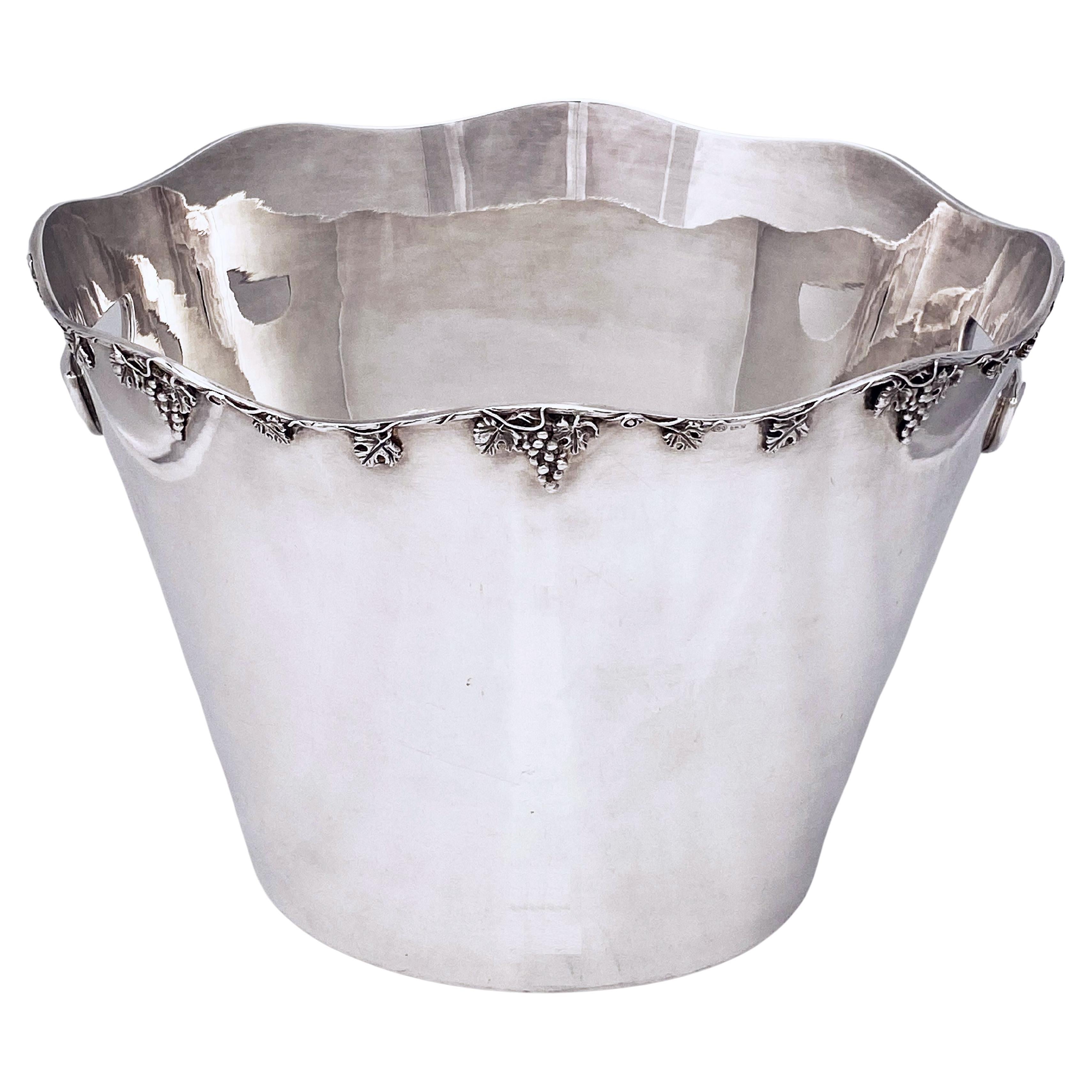 French Silver Champagne Bucket or Wine Cooler with Grape Motif