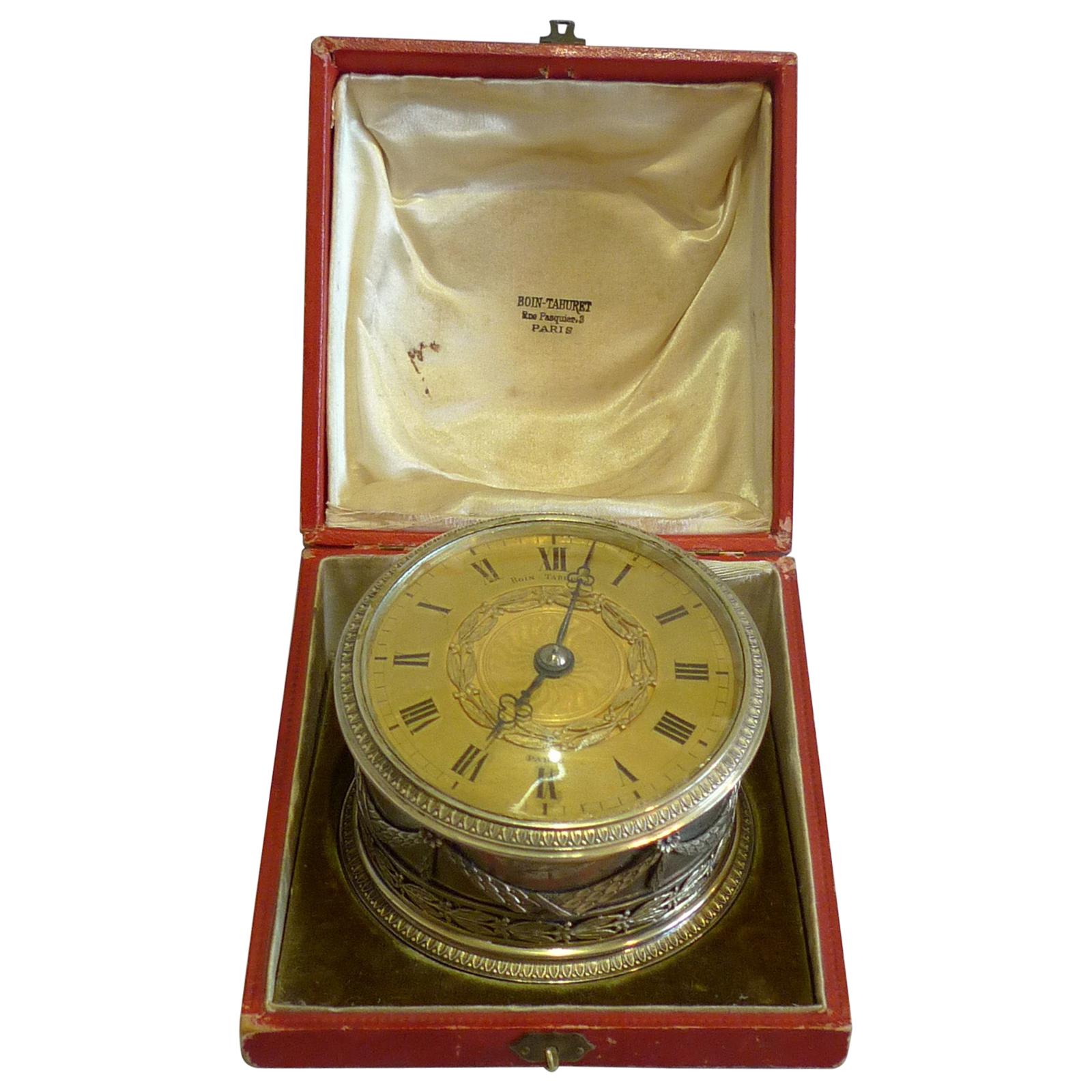 French Silver Desk Clock by Boin-Taburet, Paris, in Original Case For Sale