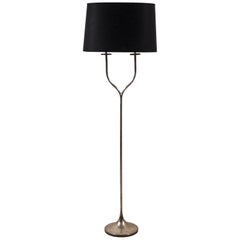 French Silver Double Arm Floor Lamp with Black Book Cloth Oval Shade