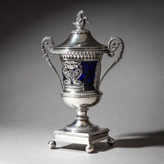 French Silver Drageoir w. Cobalt Blue Glass Liner, Gilt Interior, Cahors/Toulous