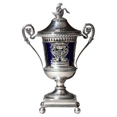 French Silver Drageoir w. Cobalt Blue Glass Liner, Gilt Interior, Cahors/Toulous