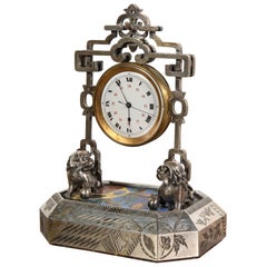 French Silver, Gilt and Enamel Chinoiserie Desk Clock Attributed to Boucheron