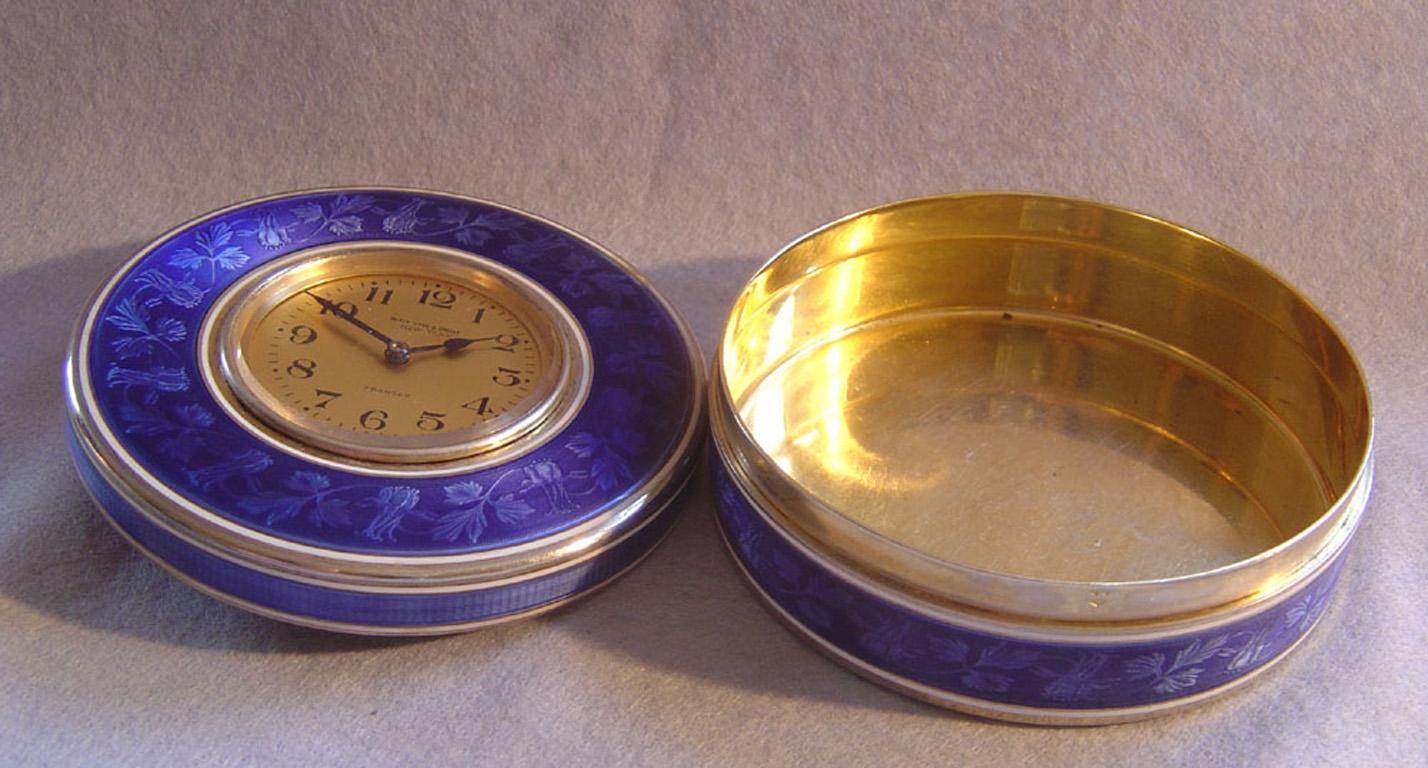 French Silver Gilt and Floral Patterned Guilloche Enamel Clock Box In Good Condition For Sale In London, GB