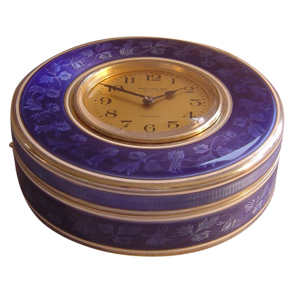 French Silver Gilt and Floral Patterned Guilloche Enamel Clock Box For Sale