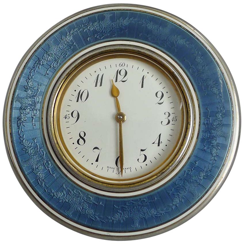 French Silver Gilt and Grey/Blue Guilloche Enamel Box with 8-Day Clock to Lid For Sale