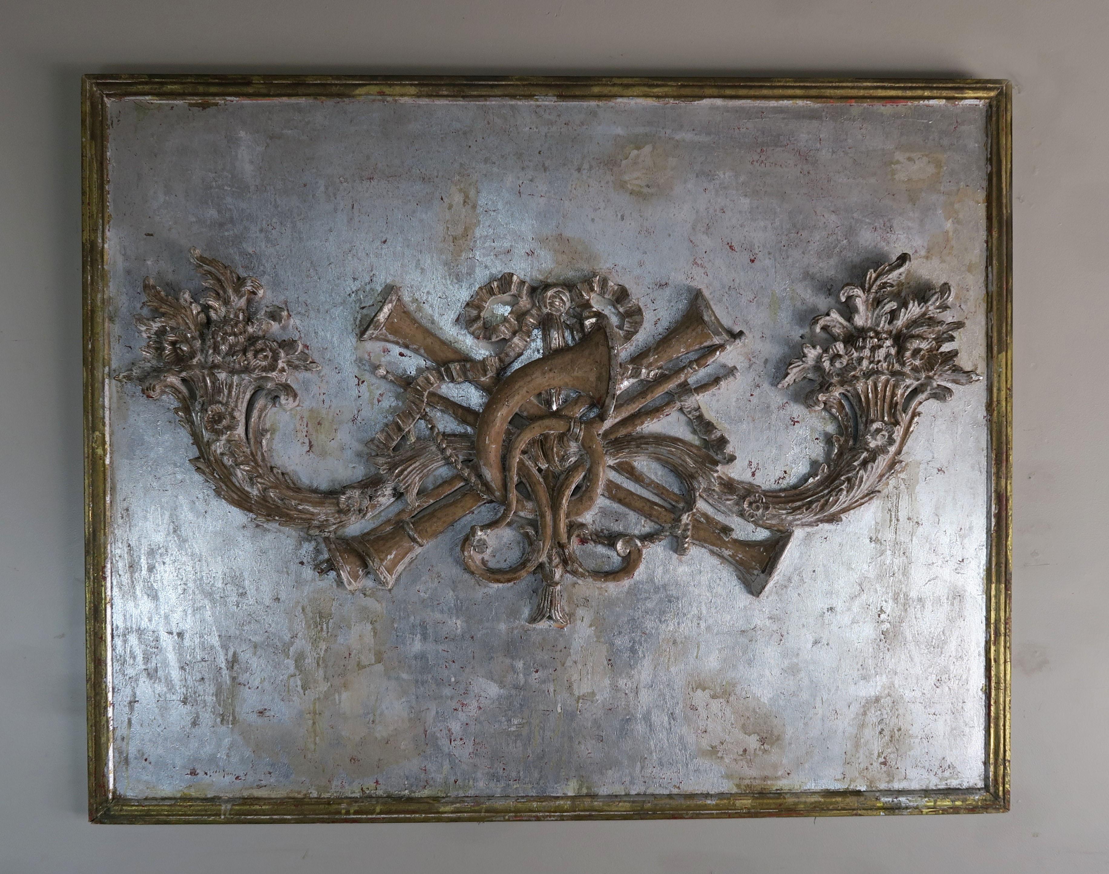 Hand-Carved French Silver and Gold Pair of Carved Cornucopia Panel, circa 1930s