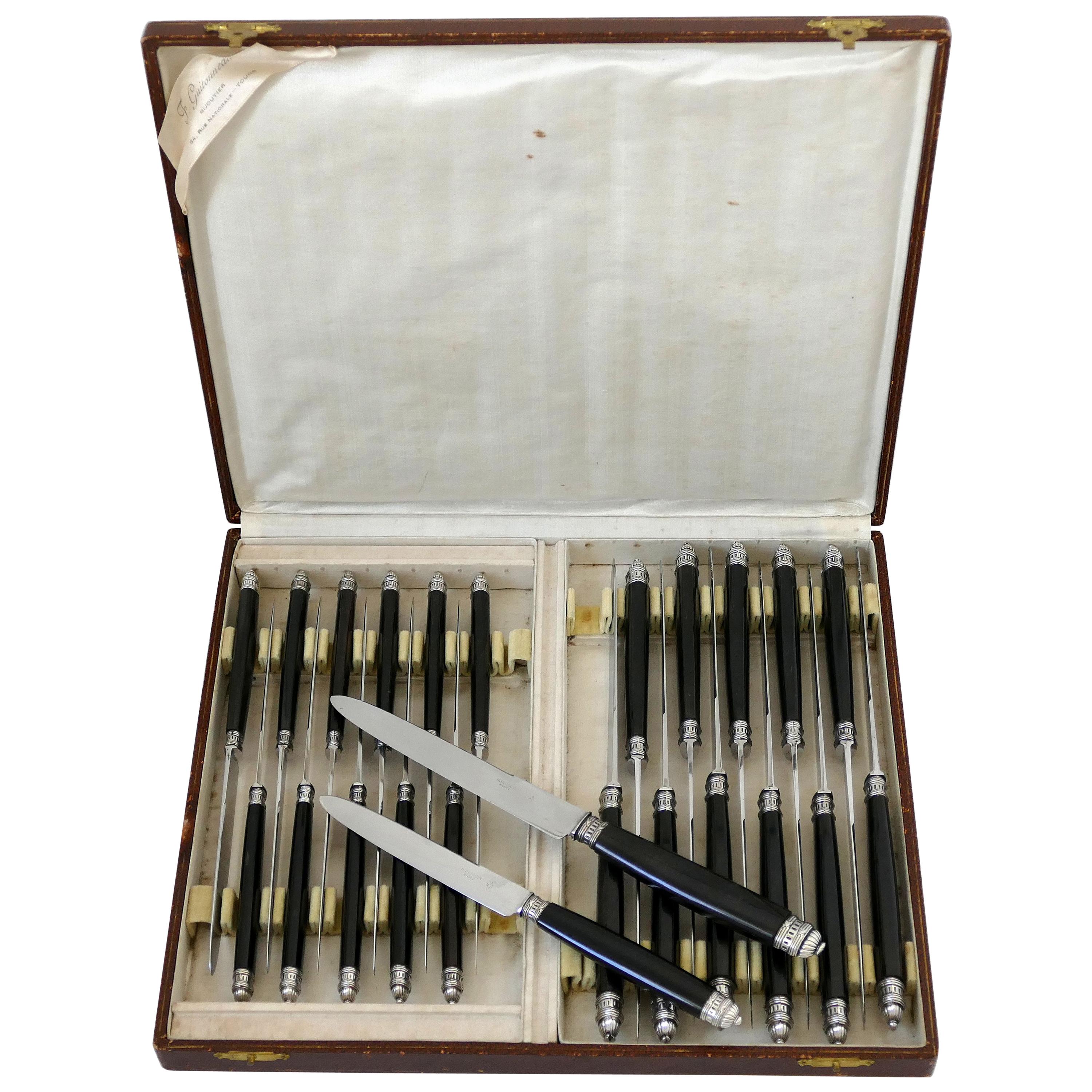 French Silver Horn Dinner Dessert Knife Set of 24 Pieces, Box