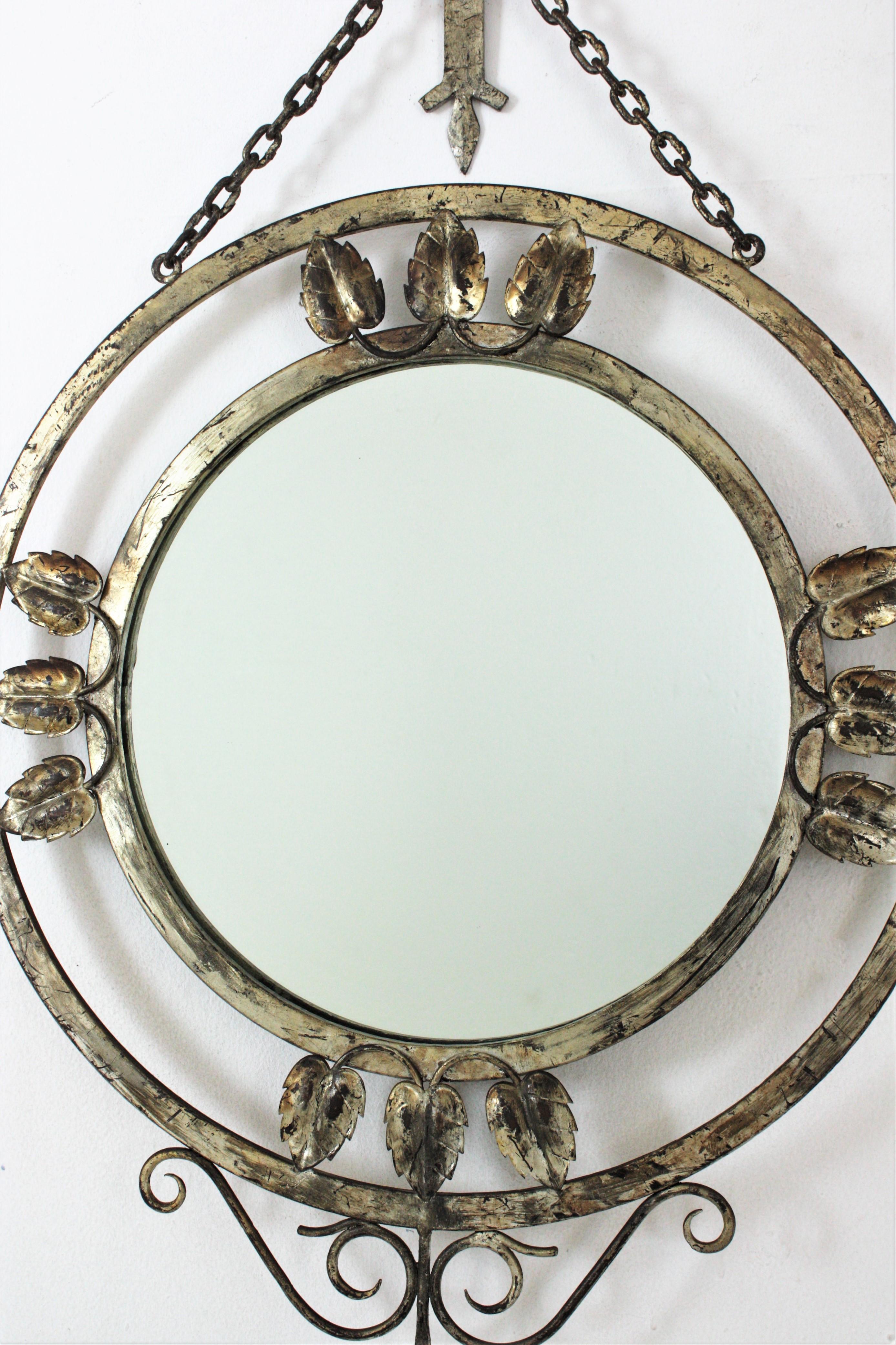 French Silver Leaf Gilt Wall Mirror in Hand Forged Iron, 1940s For Sale 5