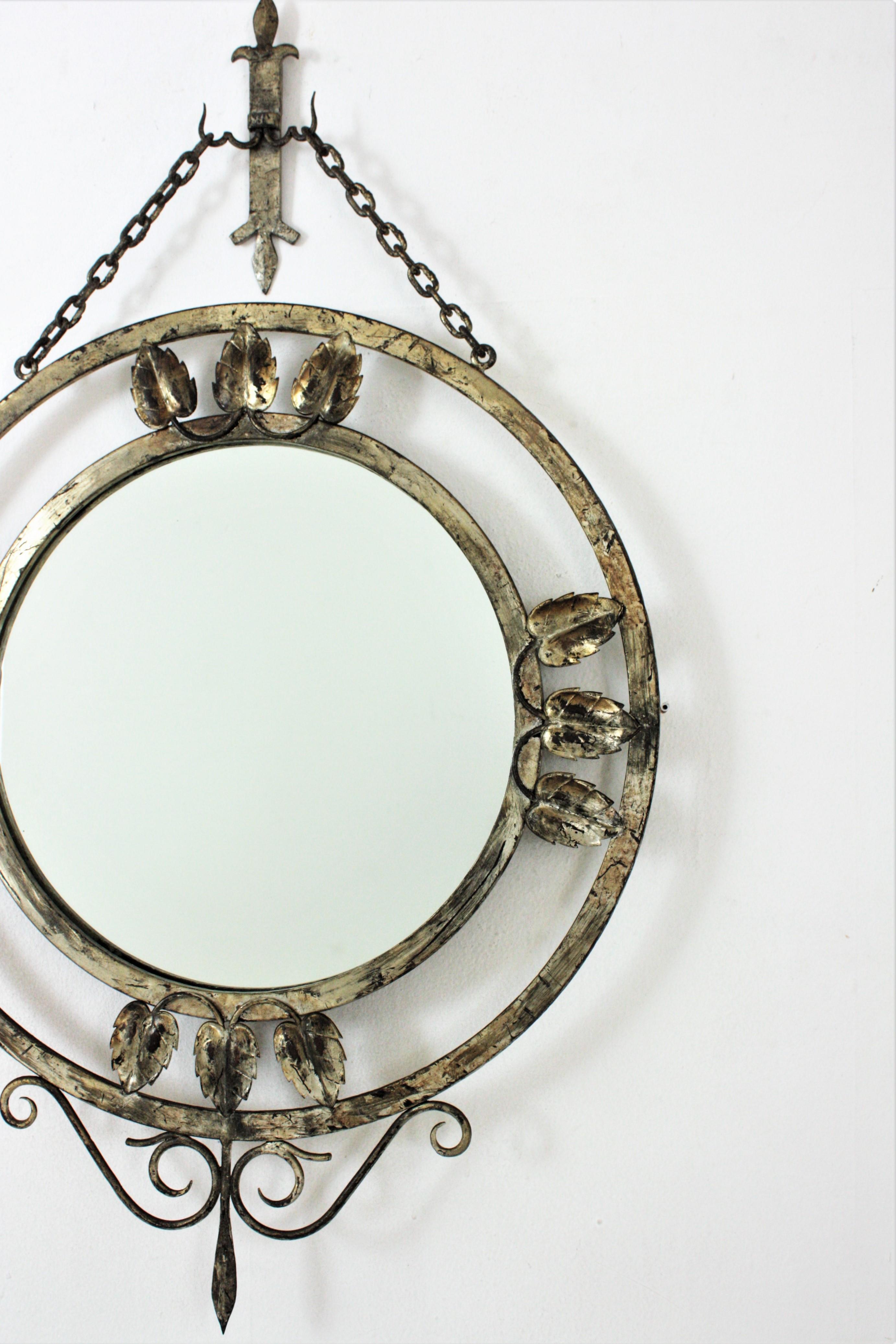 French Silver Leaf Gilt Wall Mirror in Hand Forged Iron, 1940s For Sale 6