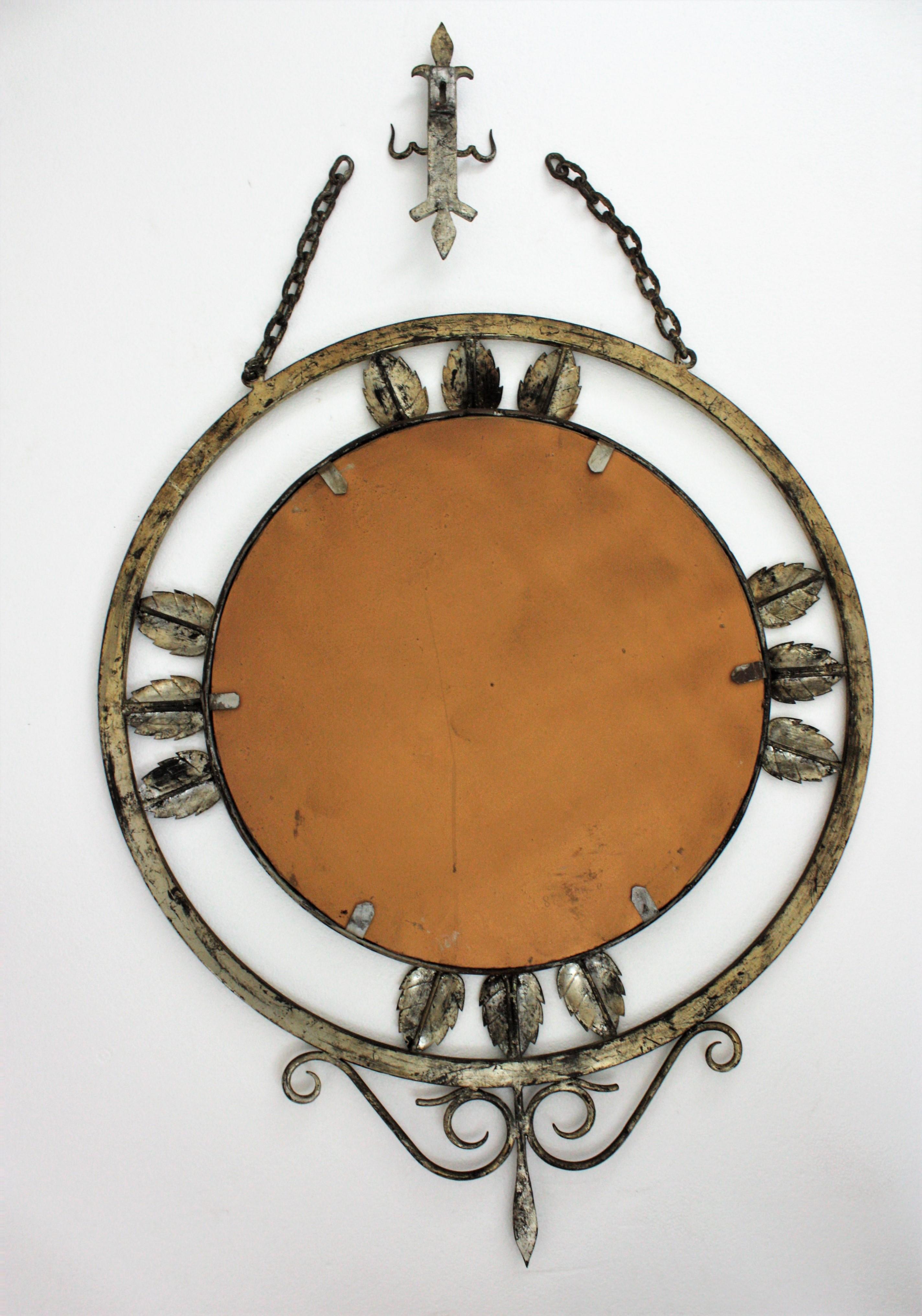 Gilt Silvered Wall Mirror with Foliage Details, Hand Forged Iron, France, 1940s For Sale 7