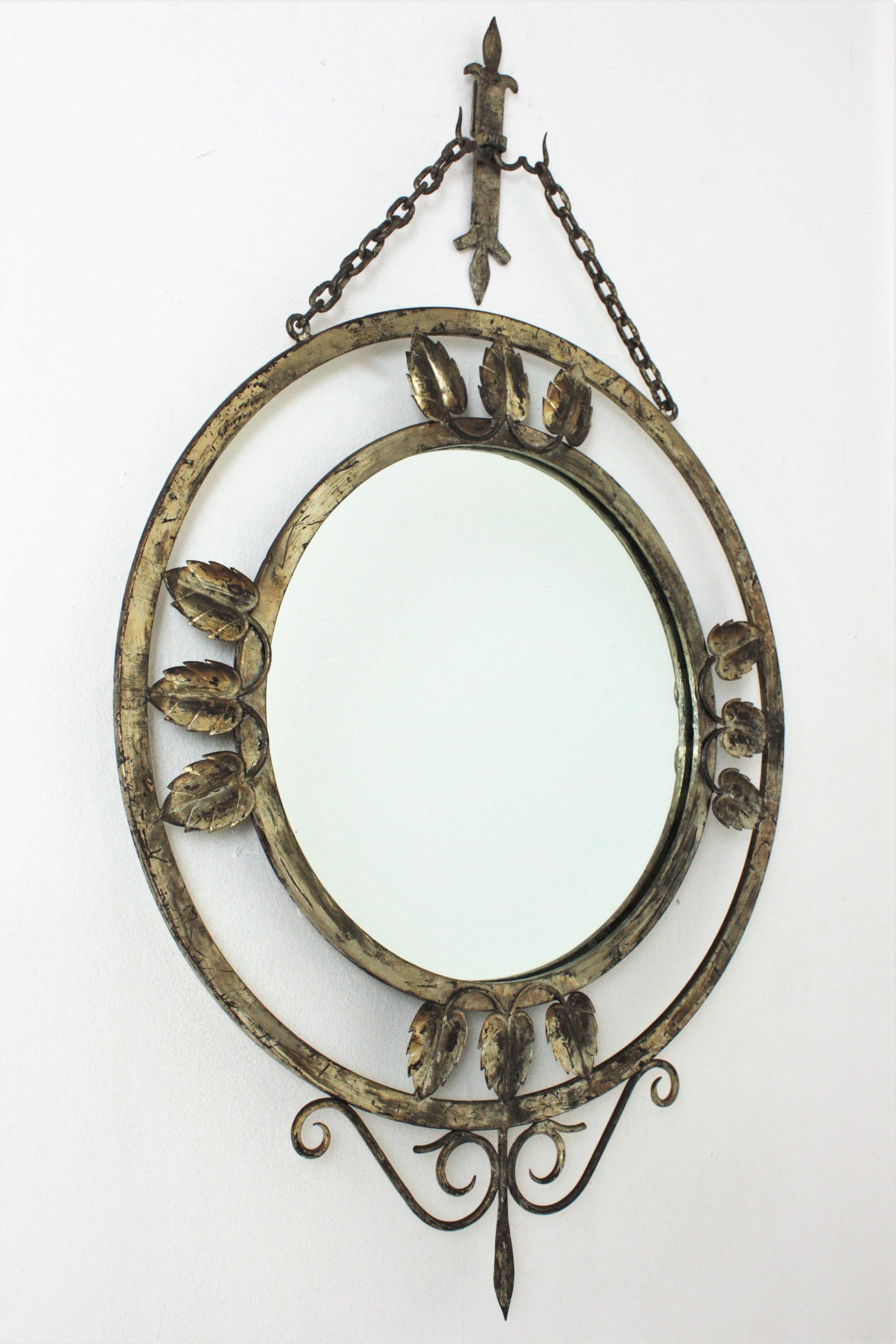 Neoclassical Gilt Silvered Wall Mirror with Foliage Details, Hand Forged Iron, France, 1940s For Sale