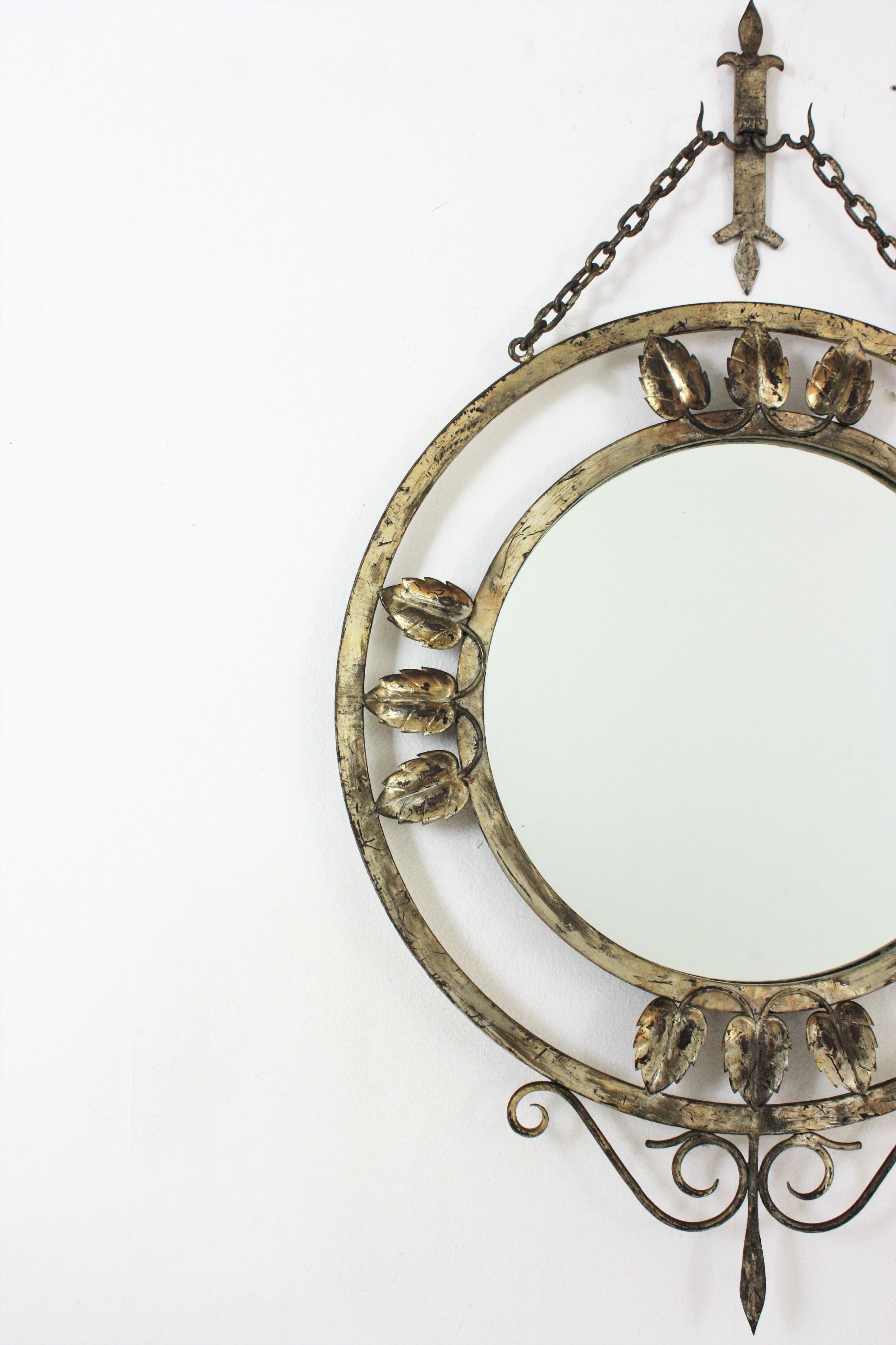 20th Century French Silver Leaf Gilt Wall Mirror in Hand Forged Iron, 1940s For Sale