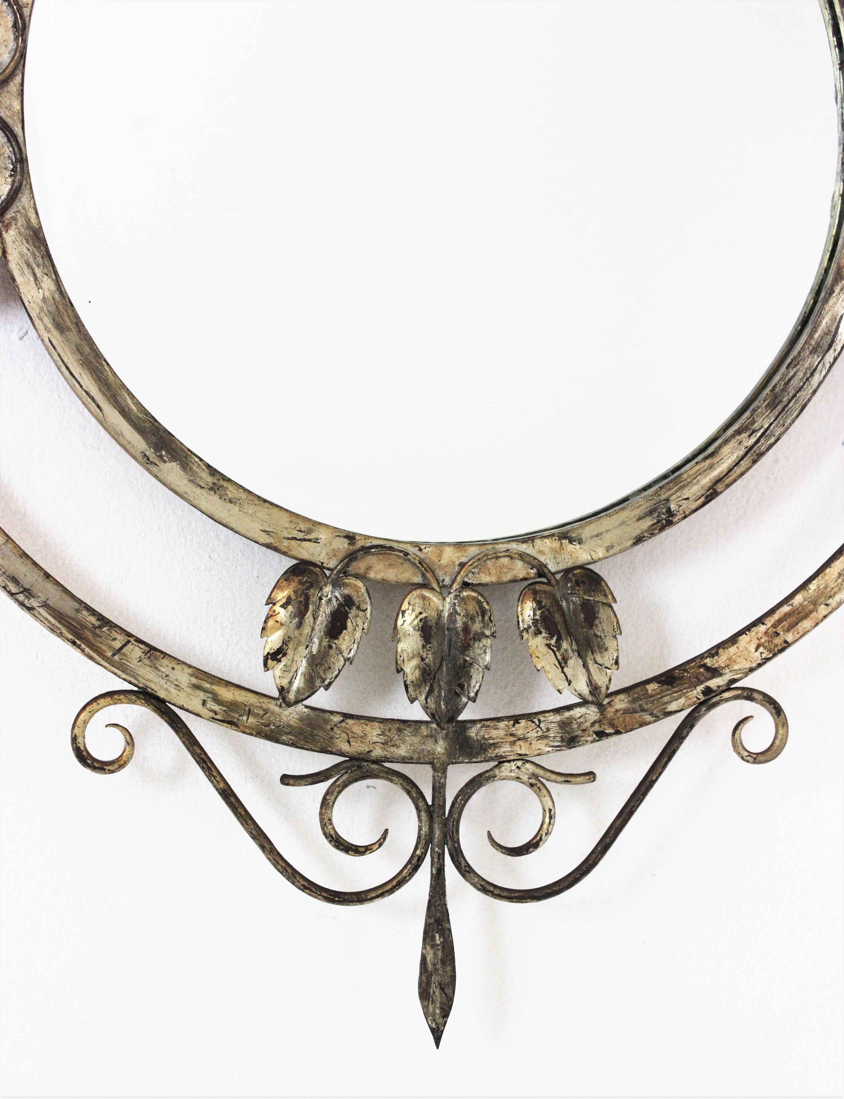 20th Century Gilt Silvered Wall Mirror with Foliage Details, Hand Forged Iron, France, 1940s For Sale
