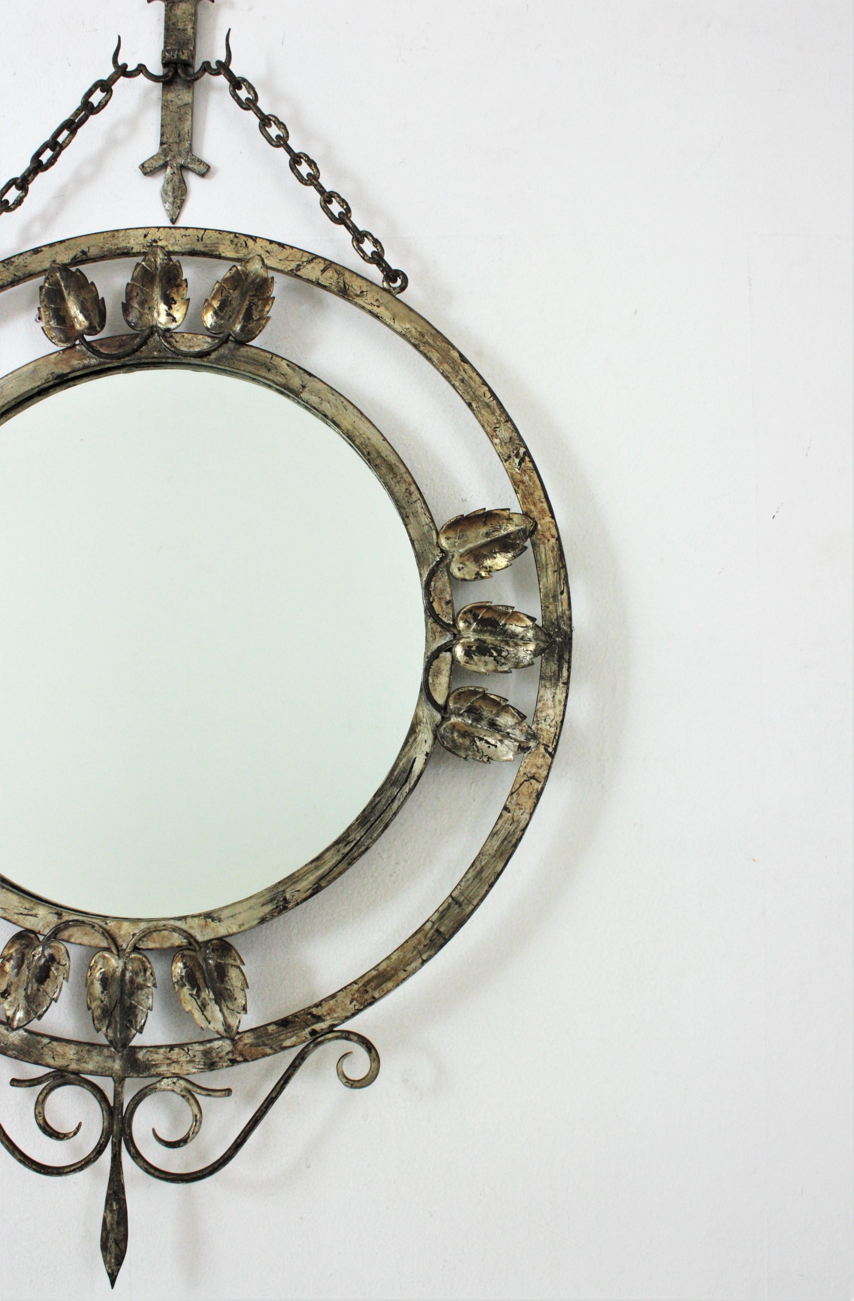 French Silver Leaf Gilt Wall Mirror in Hand Forged Iron, 1940s For Sale 2