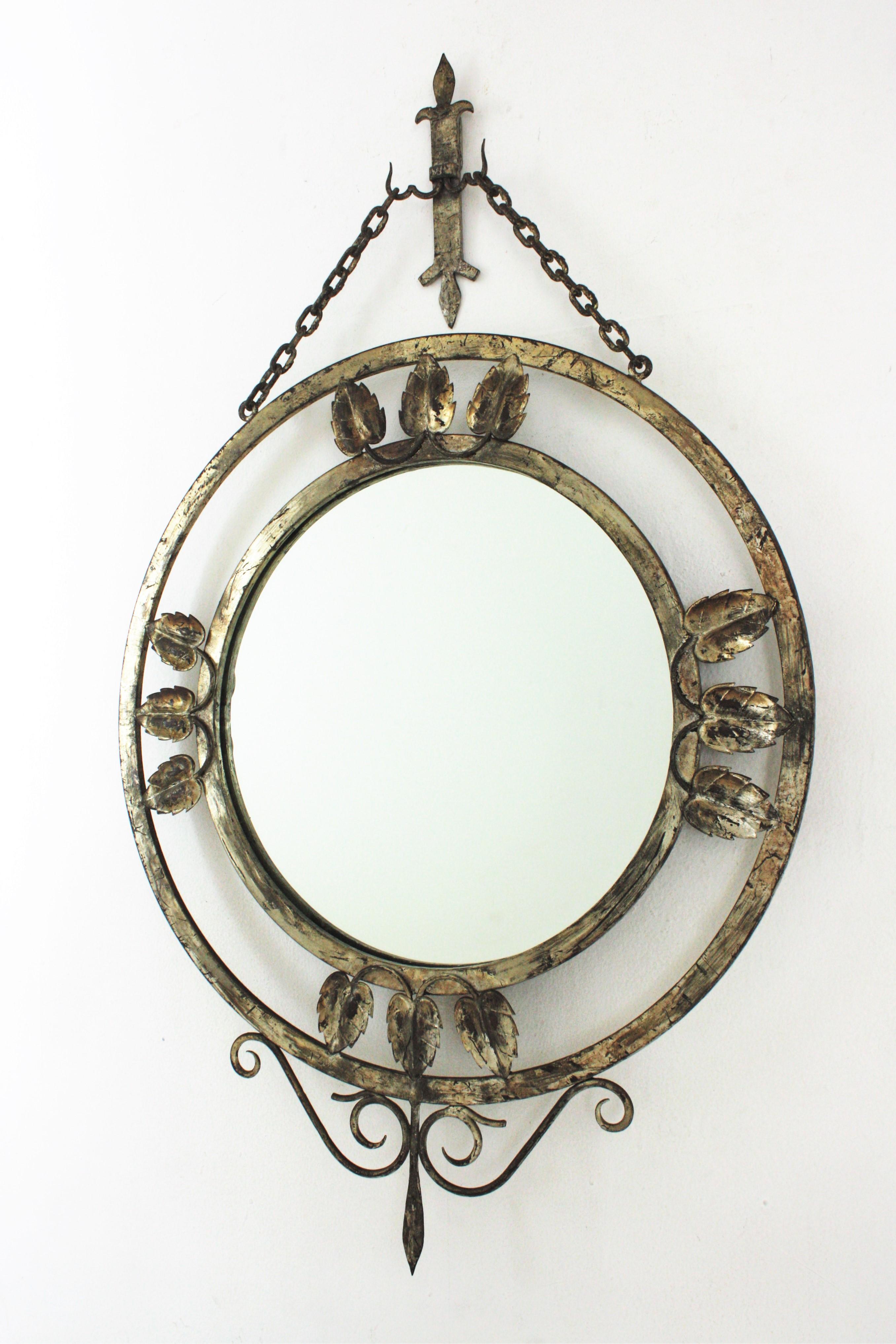 French Silver Leaf Gilt Wall Mirror in Hand Forged Iron, 1940s For Sale 3