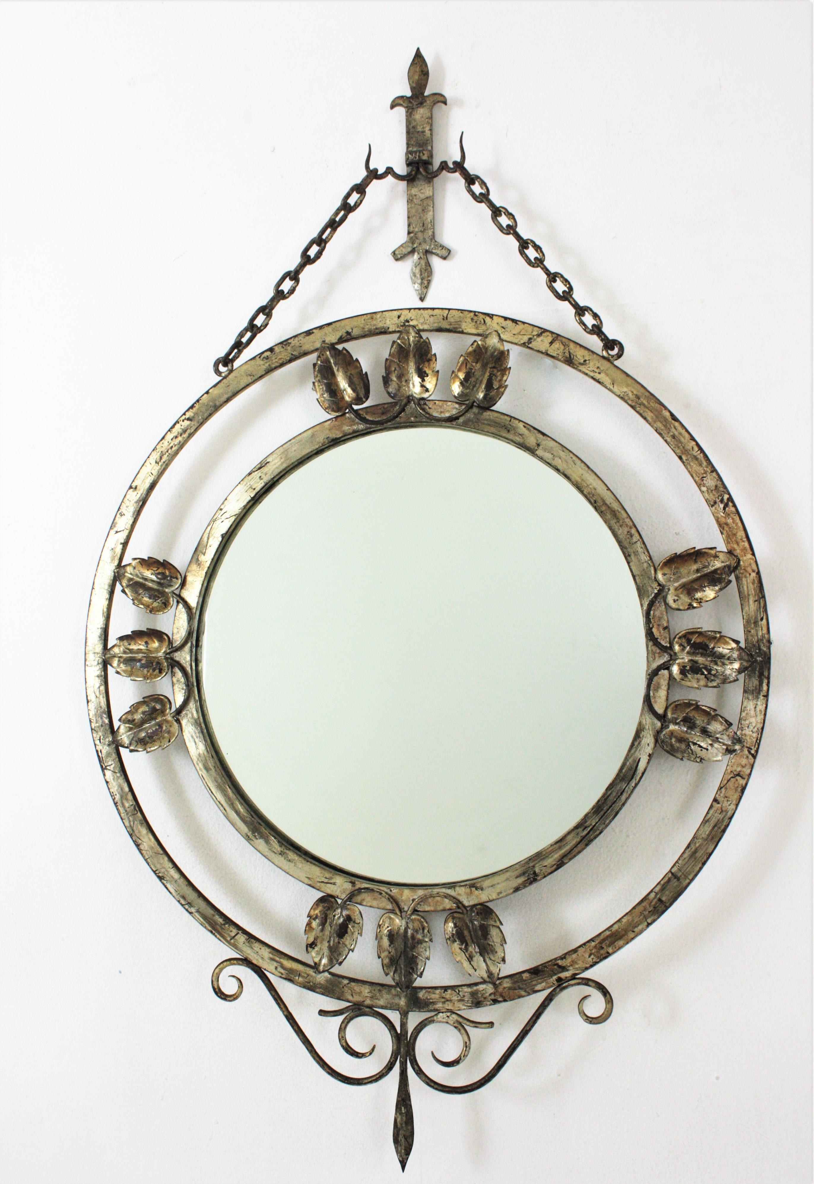 French Silver Leaf Gilt Wall Mirror in Hand Forged Iron, 1940s For Sale 4