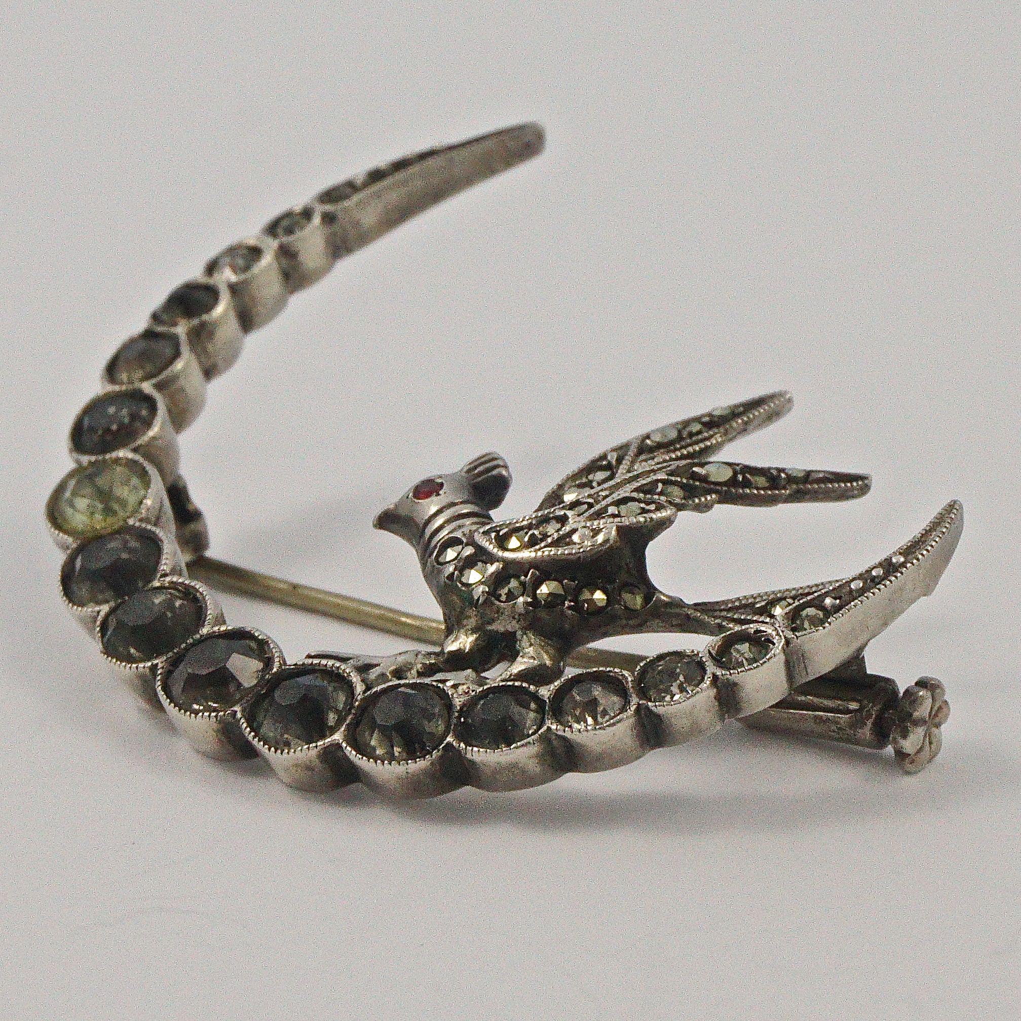 Women's or Men's French Silver Marcasite and Rhinestone Crescent Moon and Bird Brooch circa 1930s