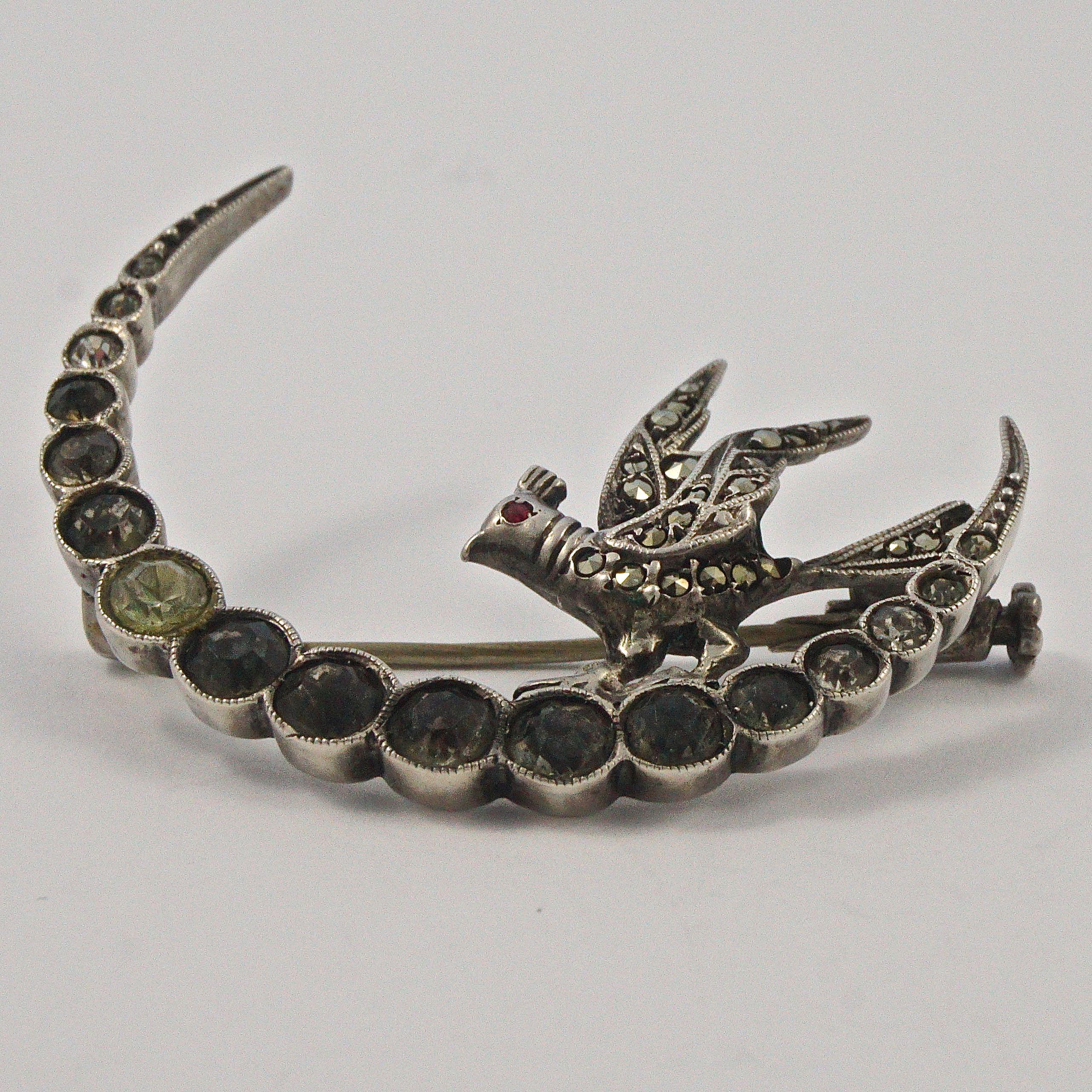 French Silver Marcasite and Rhinestone Crescent Moon and Bird Brooch circa 1930s 1