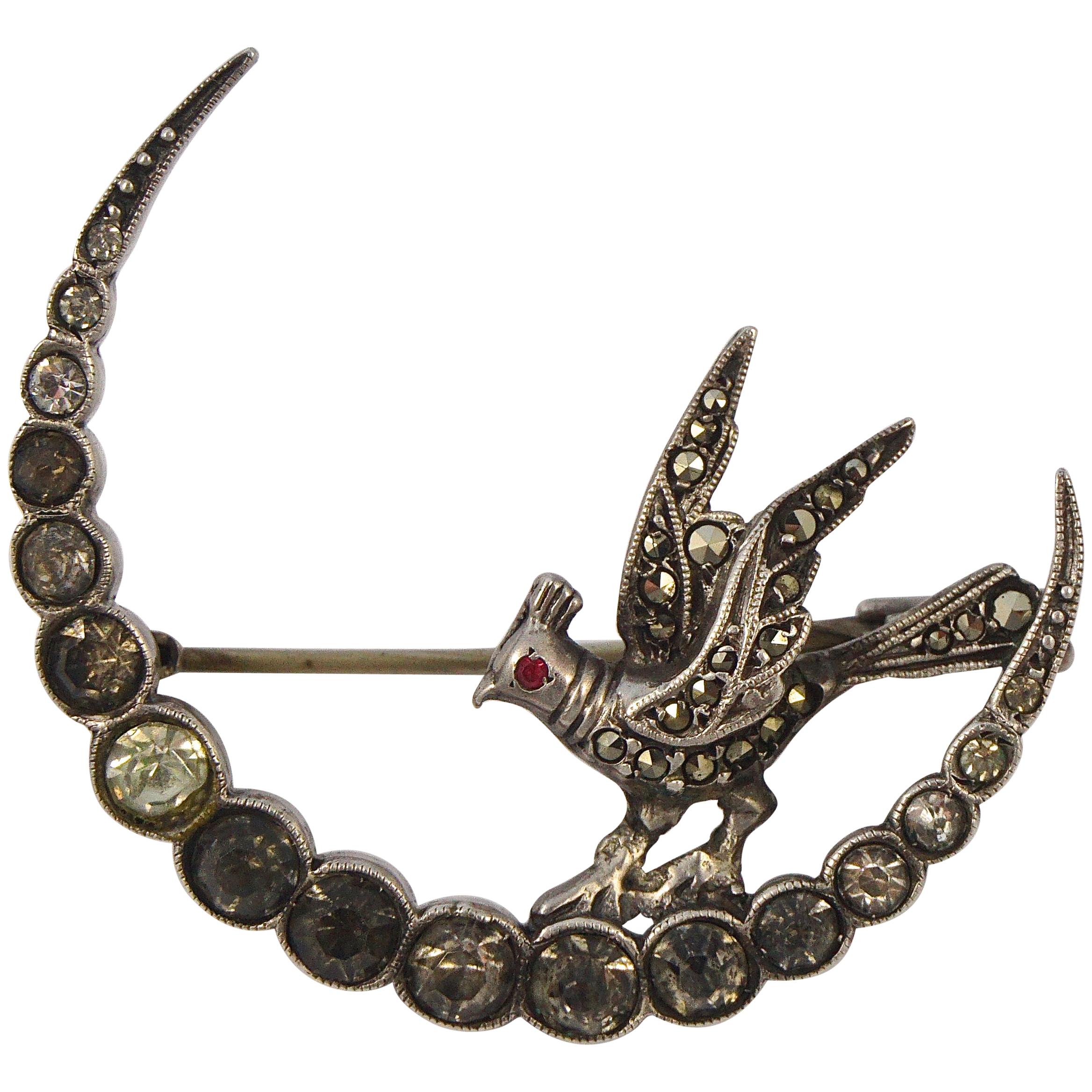 French Silver Marcasite and Rhinestone Crescent Moon and Bird Brooch circa 1930s