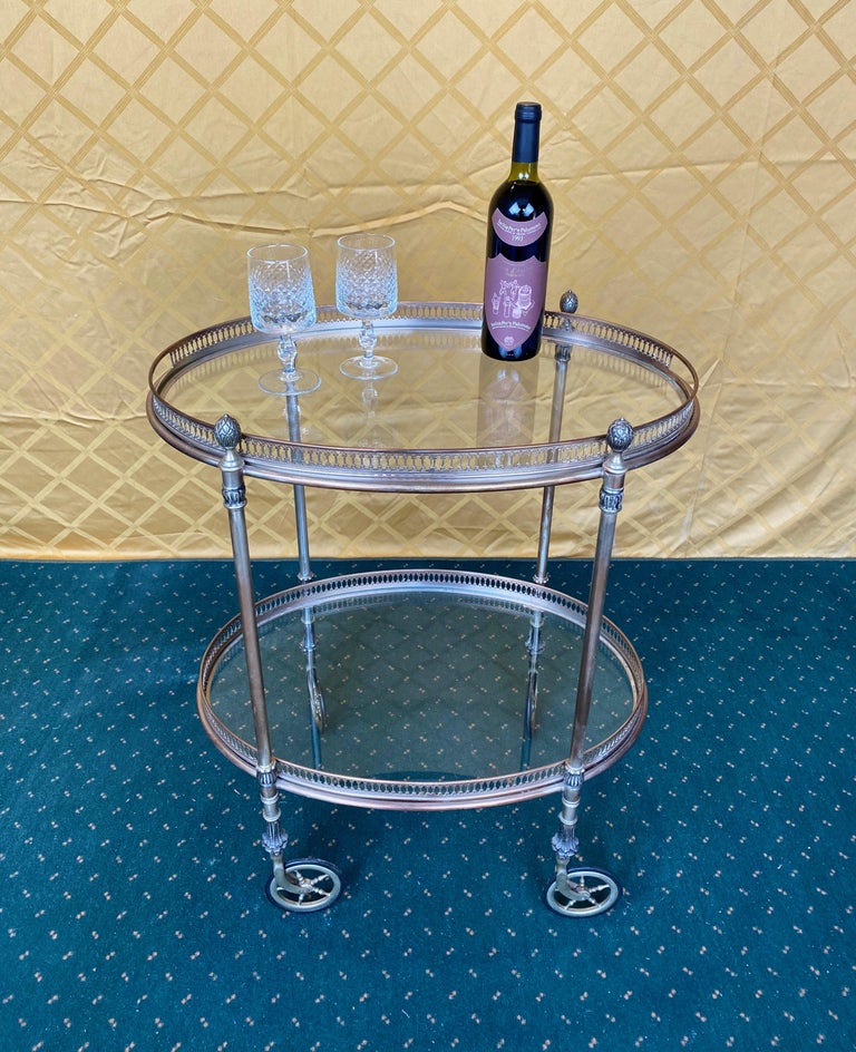 French Silver Metal Oval Bar Cart Trolley Attributed to Maison Baguès, 1950s 6