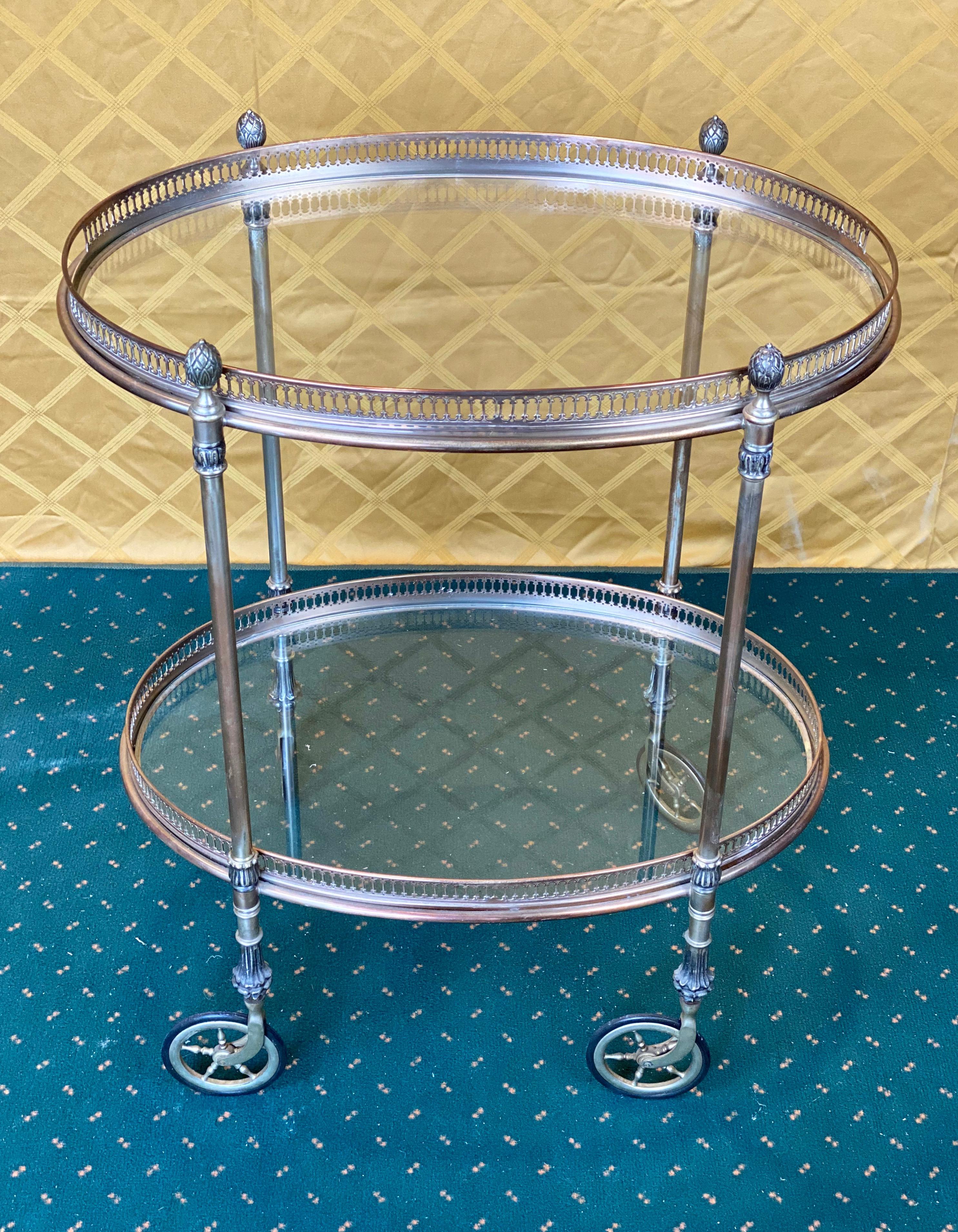 French Silver Metal Oval Bar Cart Trolley Attributed to Maison Baguès, 1950s 8