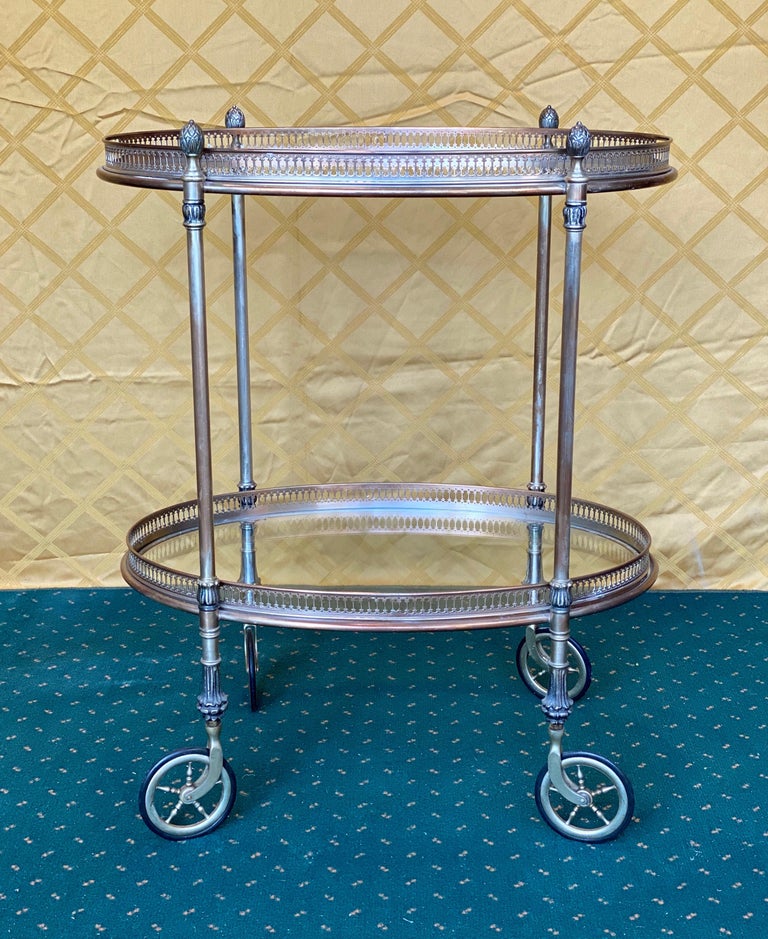 Neoclassical French Silver Metal Oval Bar Cart Trolley Attributed to Maison Baguès, 1950s